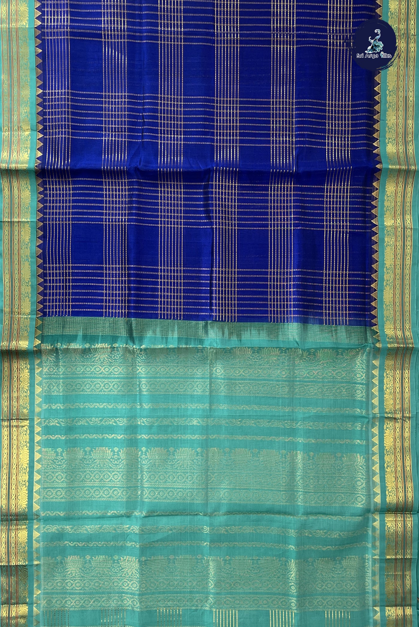 MS Blue Checked Saree With Zari Checked Pattern