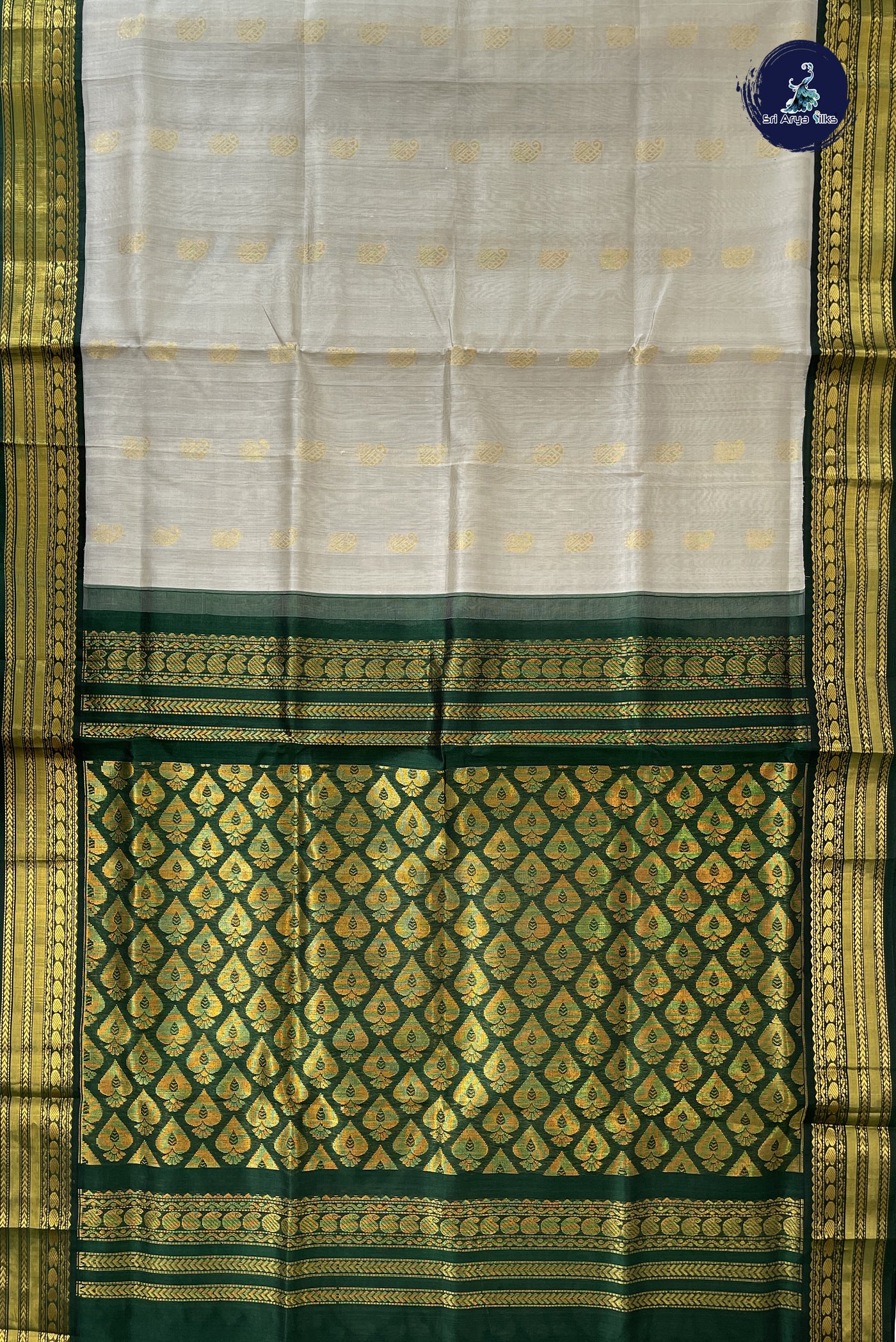 Silver Grey Korvai Silk Cotton Saree With Zari Buttas Pattern