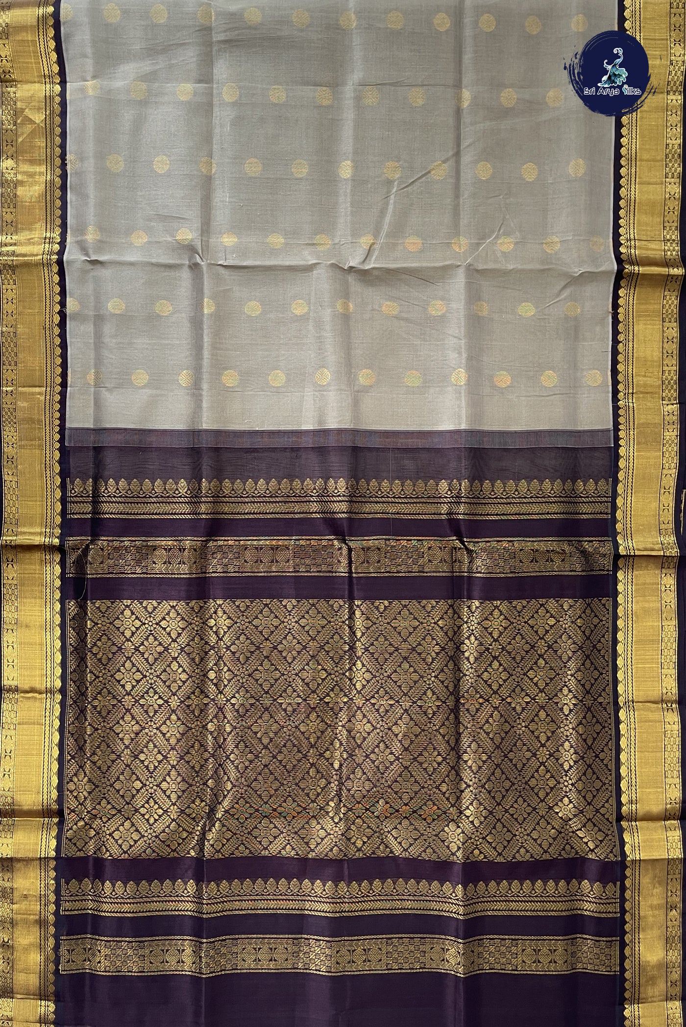 Grey Korvai Silk Cotton Saree With Zari Buttas Pattern