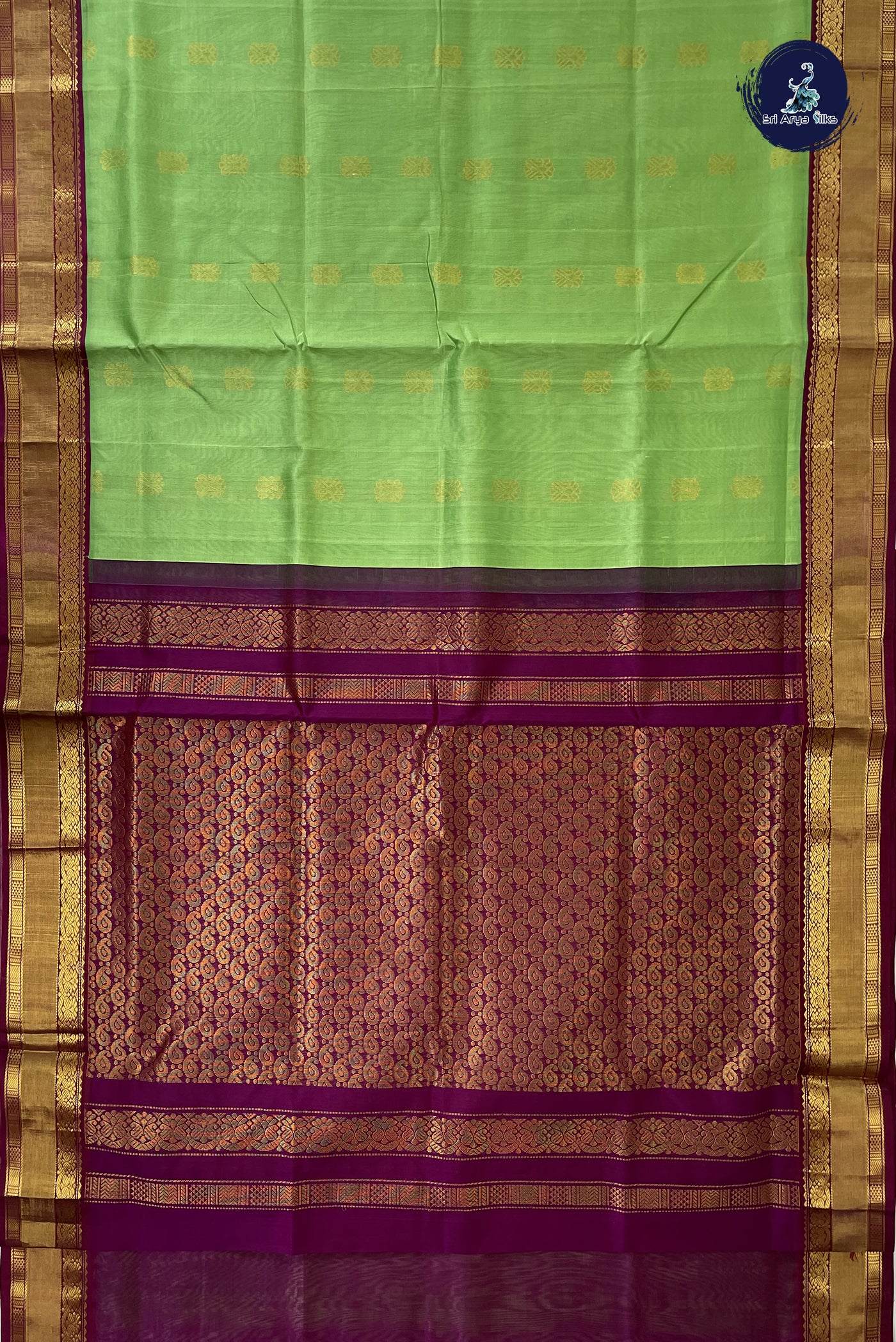 Green Korvai Silk Cotton Saree With Zari Buttas Pattern