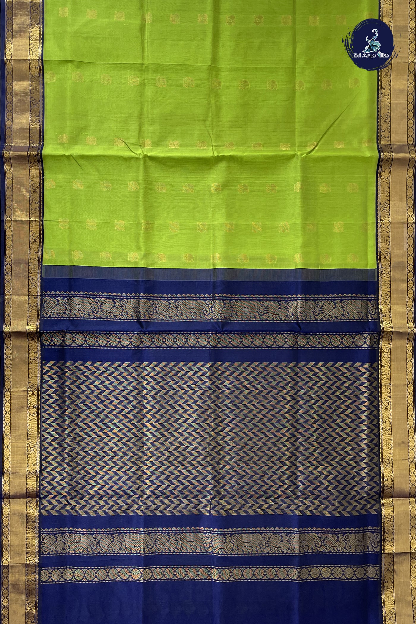Parrot Green Korvai Silk Cotton Saree With Zari Buttas Pattern