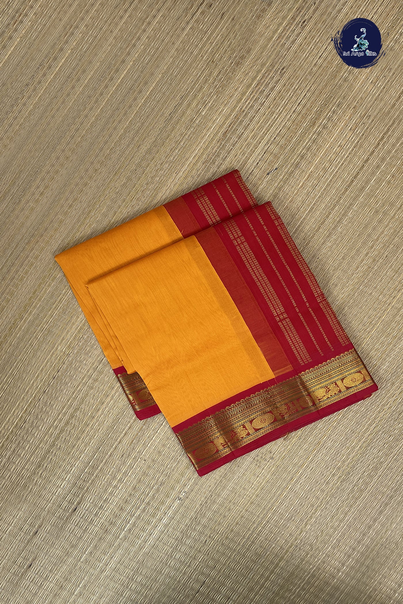 Mango Yellow Korvai Silk Cotton Saree With Plain Pattern