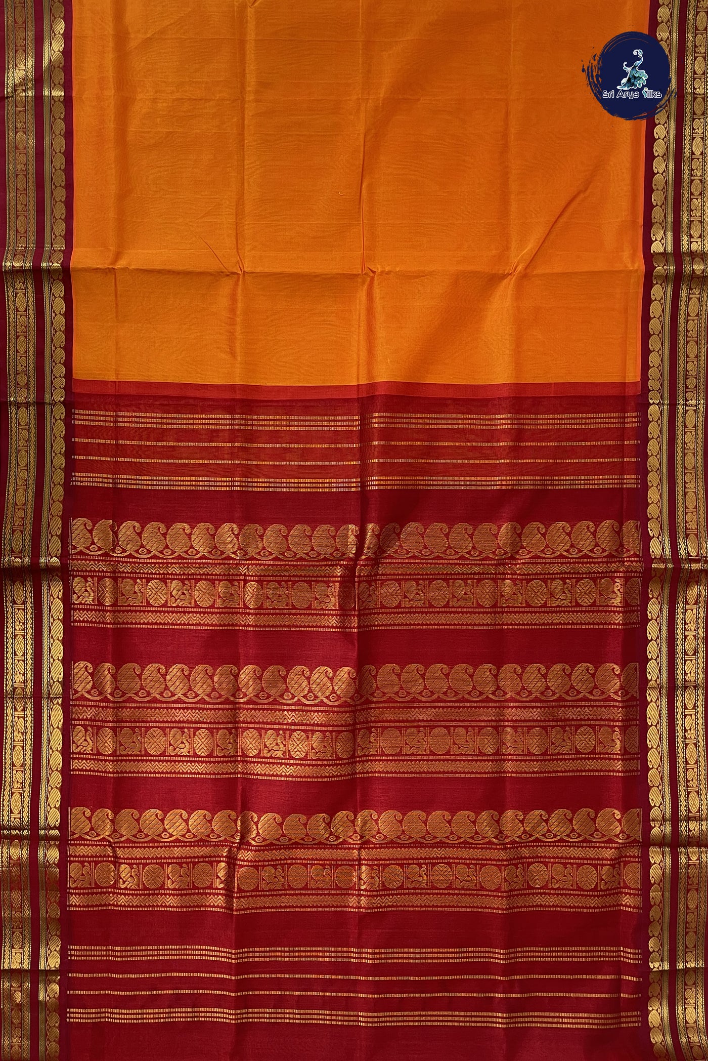 Yellowish Orange Korvai Silk Cotton Saree With Plain Pattern