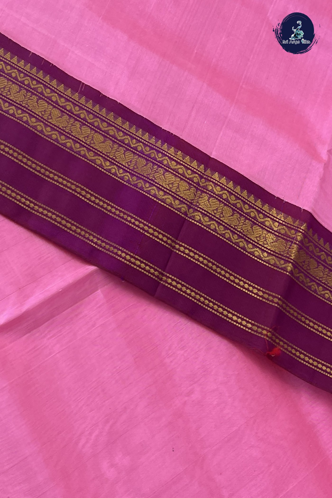 Baby Pink Korvai Silk Cotton Saree With Plain Pattern