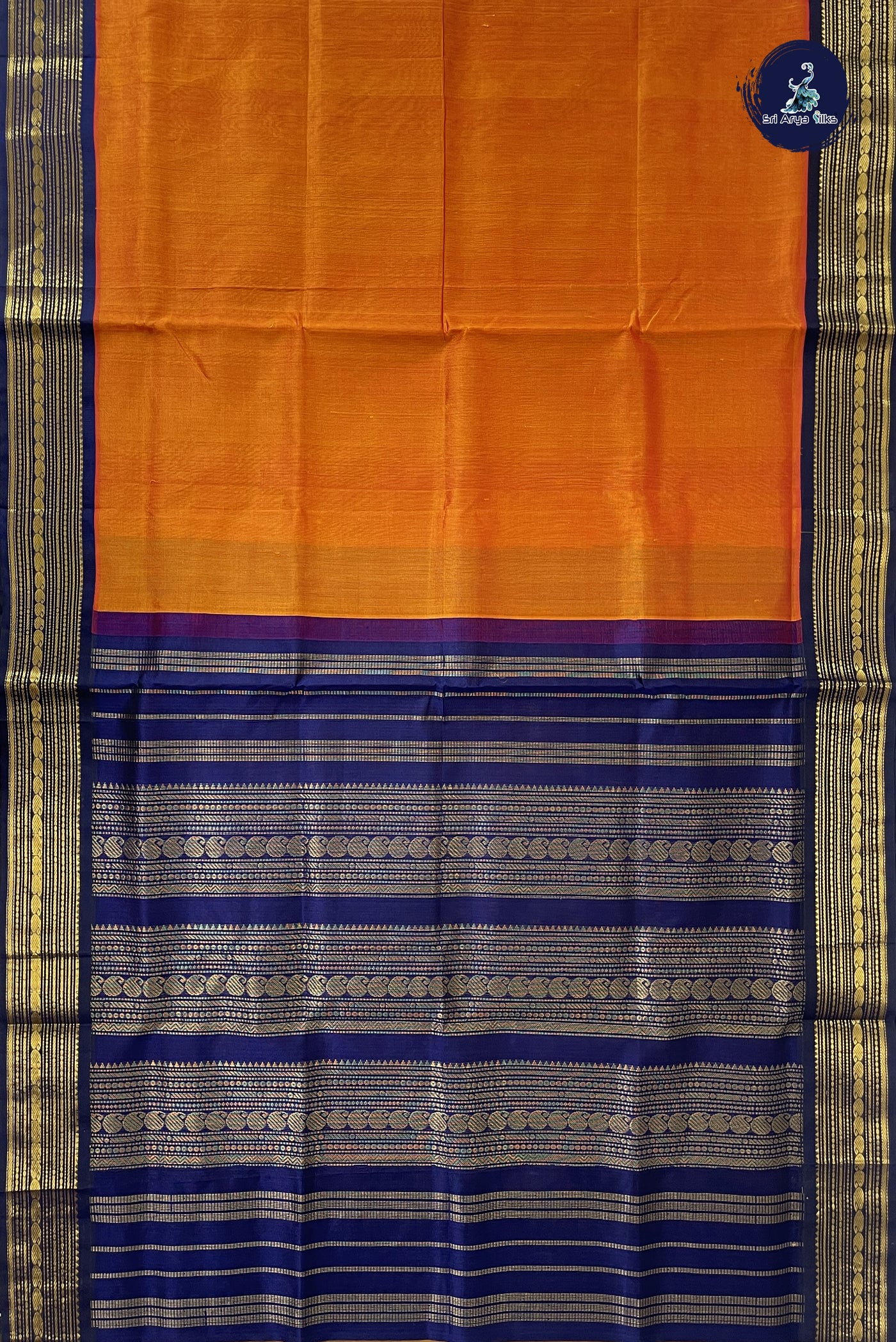 Lite Mustard Orange Korvai Silk Cotton Saree With Plain Pattern