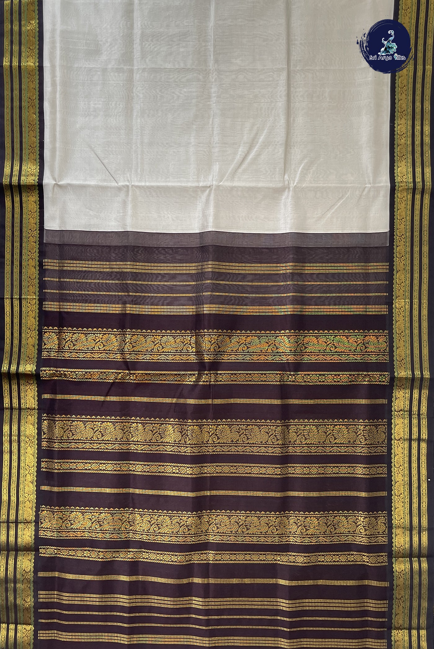 Silver Grey Korvai Silk Cotton Saree With Plain Pattern