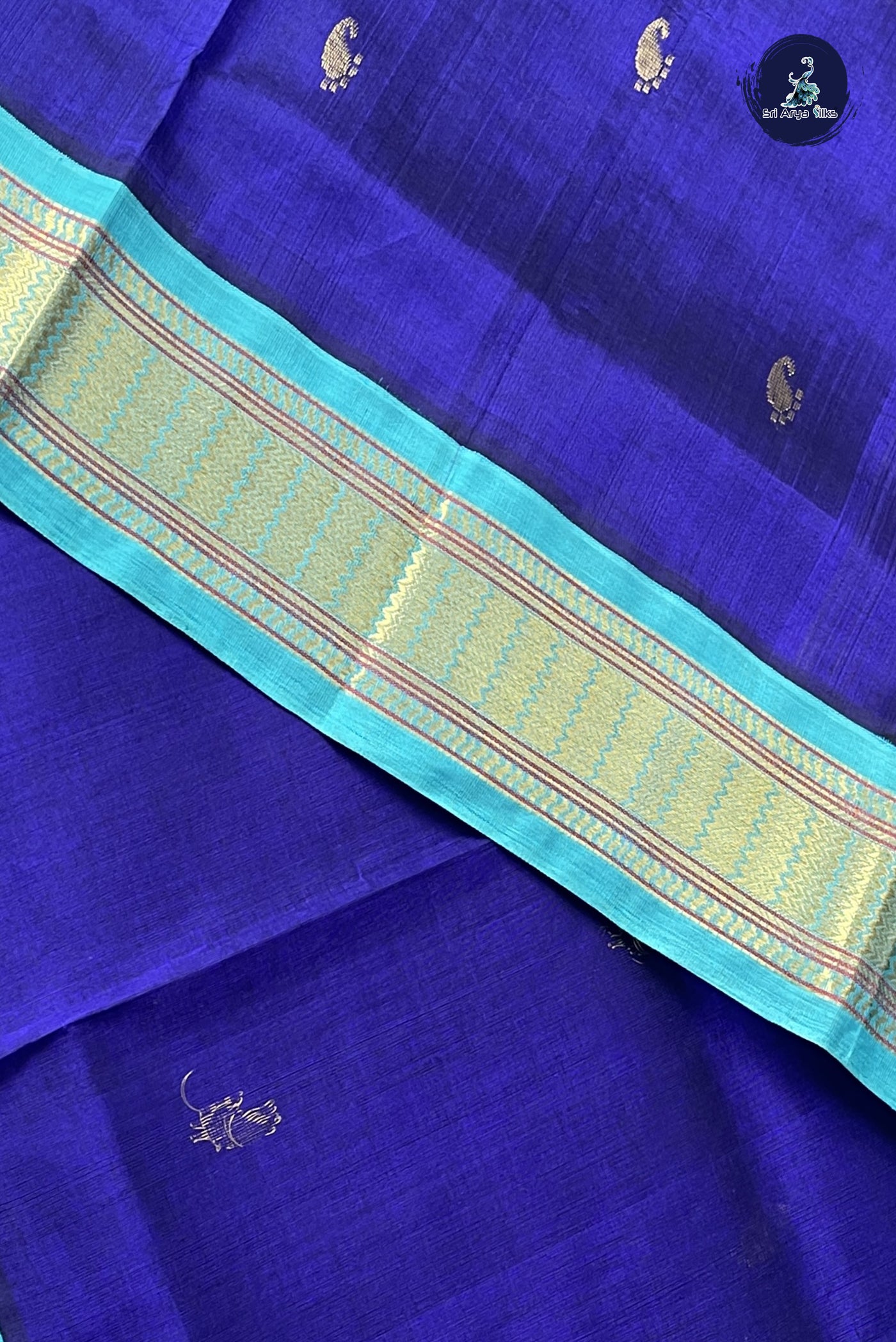 MS Blue Korvai Silk Cotton Saree With Zari Buttas Pattern