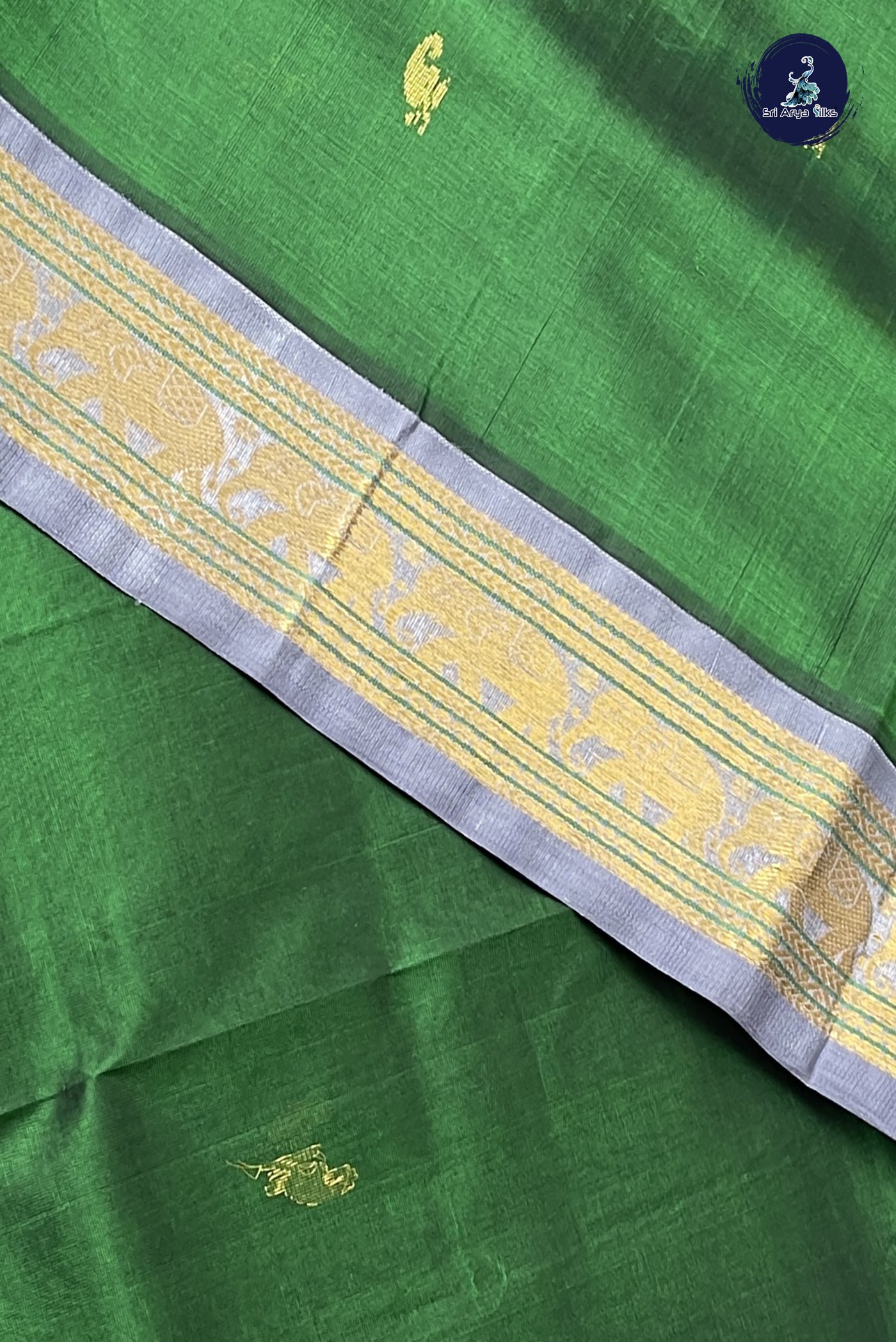 Bottle Green Korvai Silk Cotton Saree With Zari Buttas Pattern