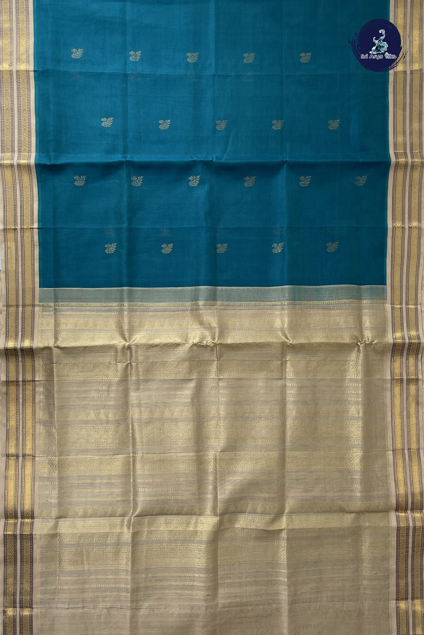 Teal Korvai Silk Cotton Saree With Zari Buttas Pattern
