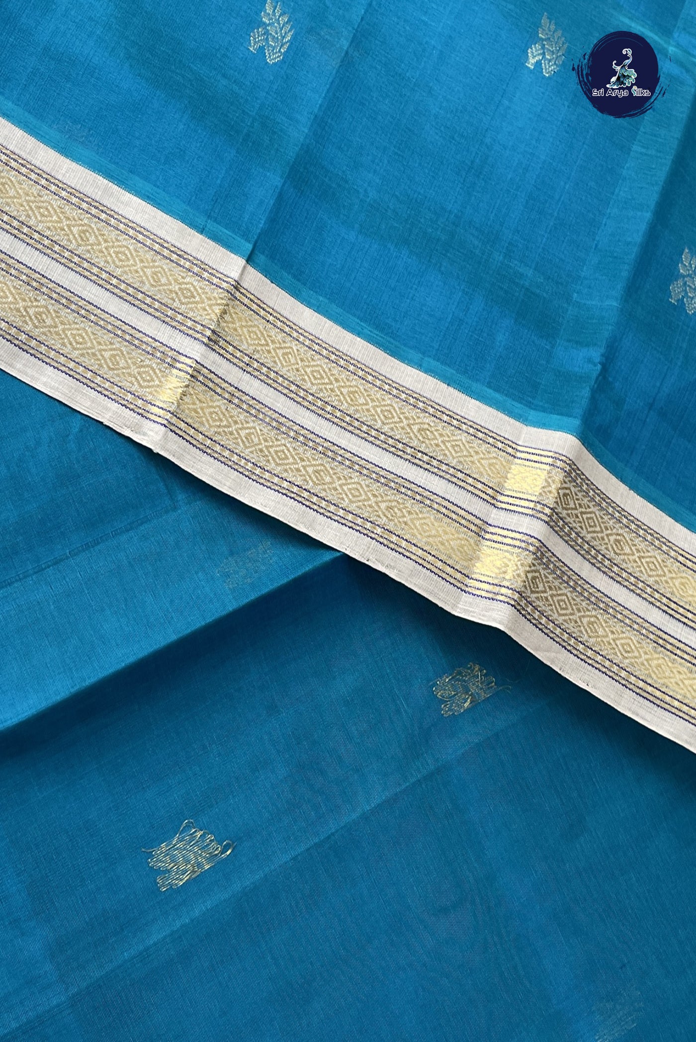 Teal Korvai Silk Cotton Saree With Zari Buttas Pattern