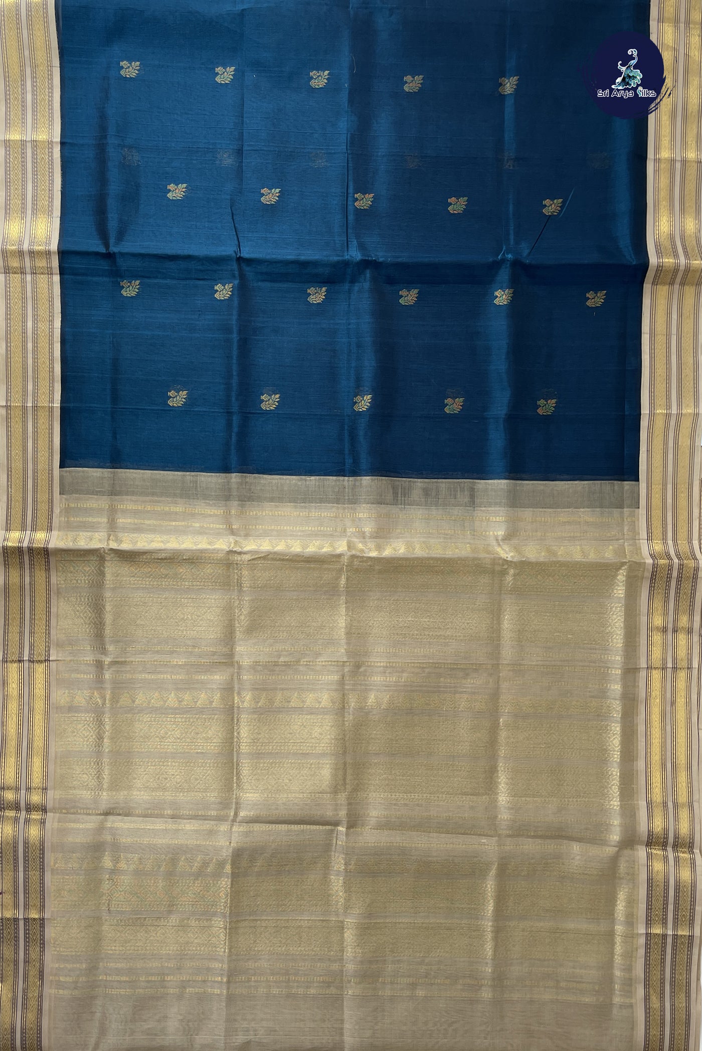 Peacock Blue Korvai Silk Cotton Saree With Zari Buttas Pattern