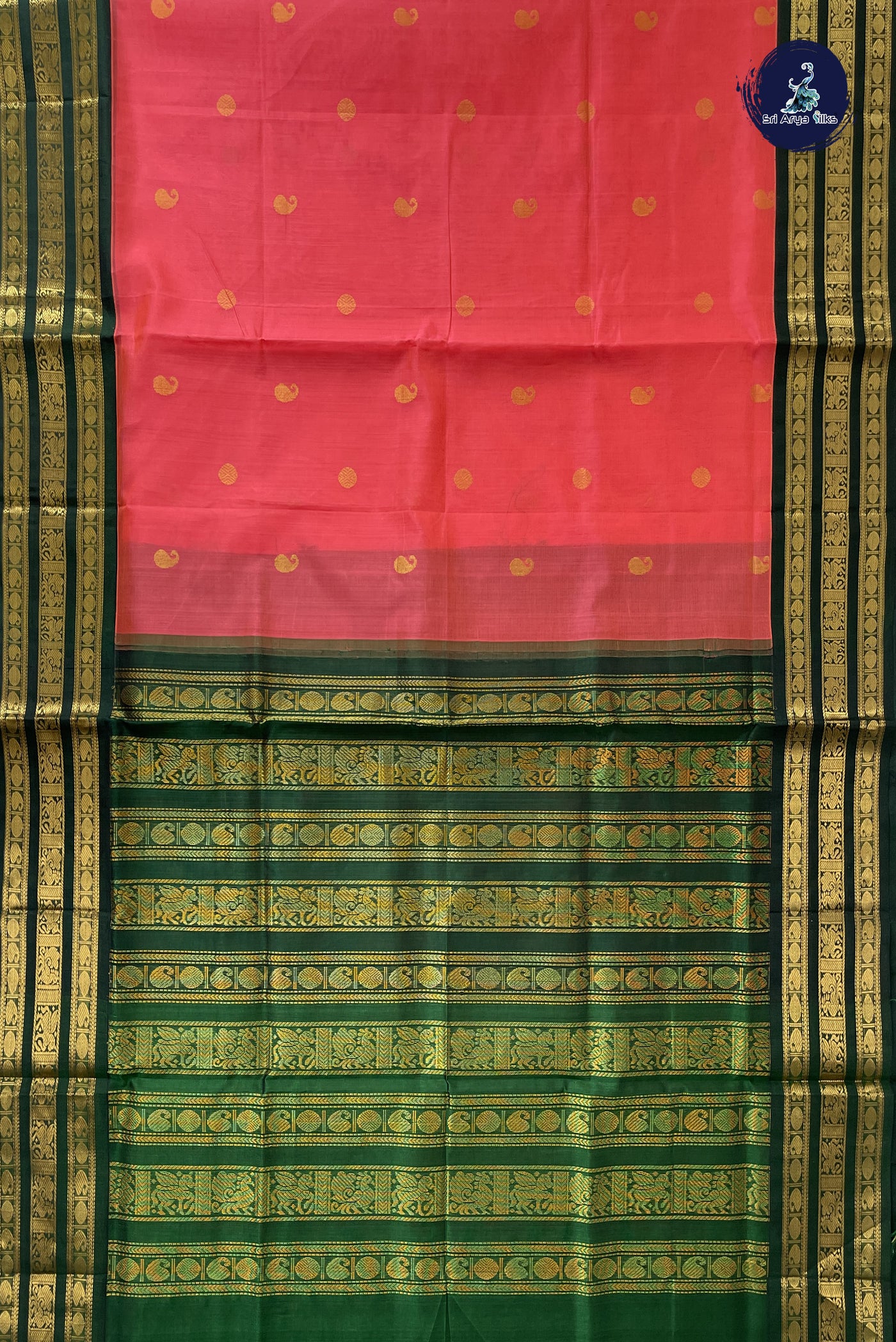 Peach Korvai Silk Cotton Saree With Zari Buttas Pattern