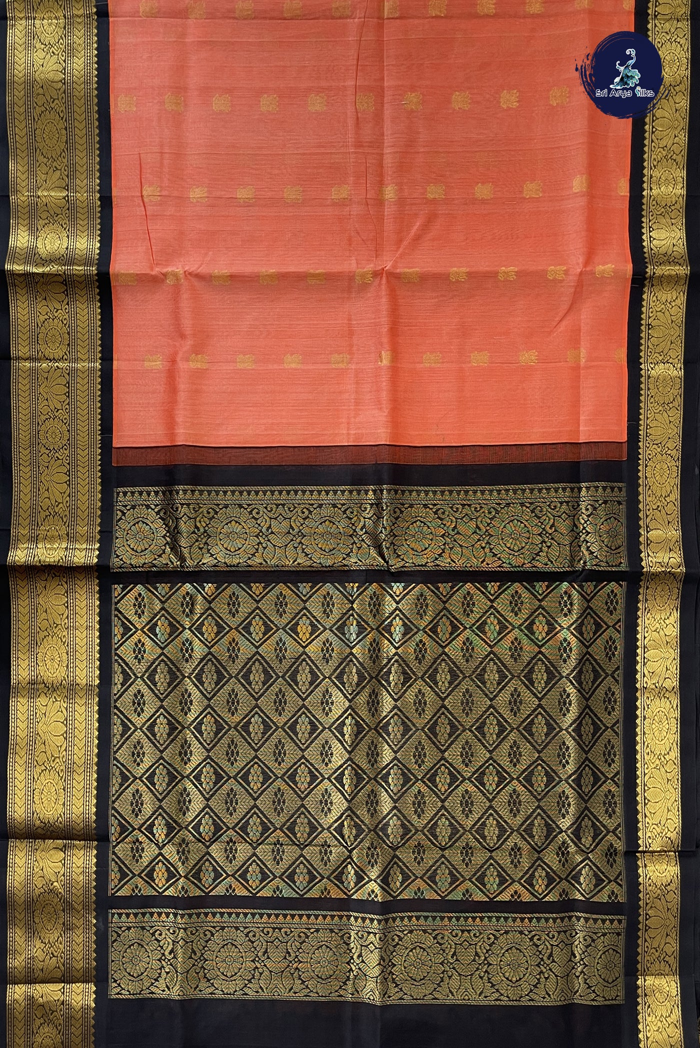 Peach Korvai Silk Cotton Saree With Zari Buttas Pattern