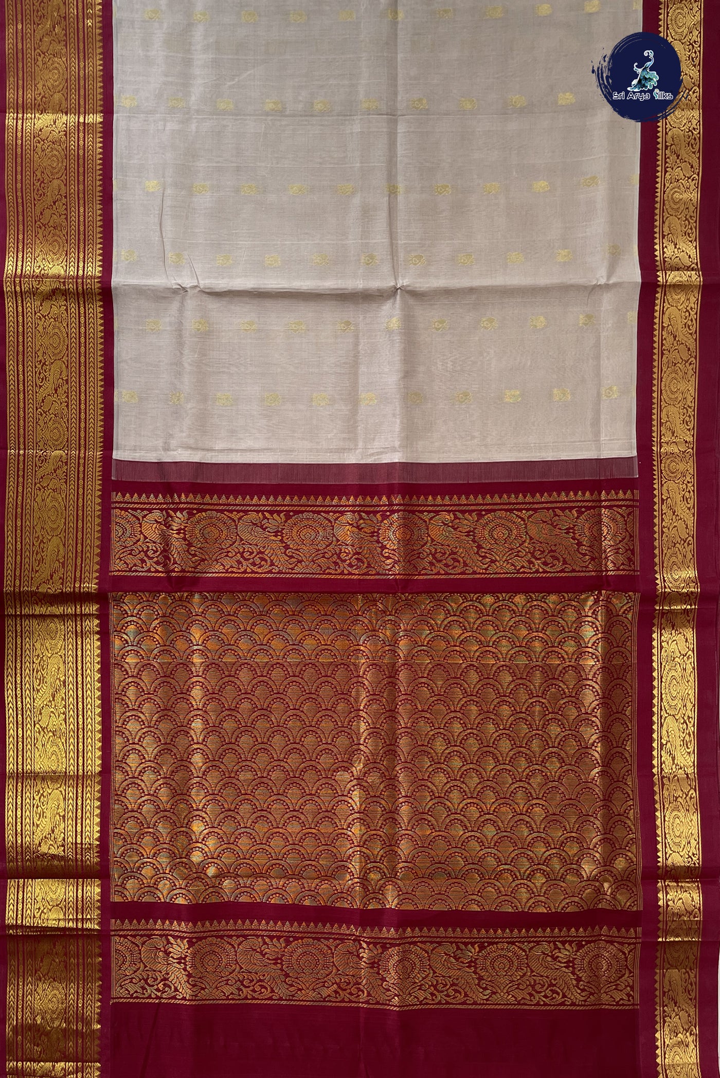 Grey Korvai Silk Cotton Saree With Zari Buttas Pattern