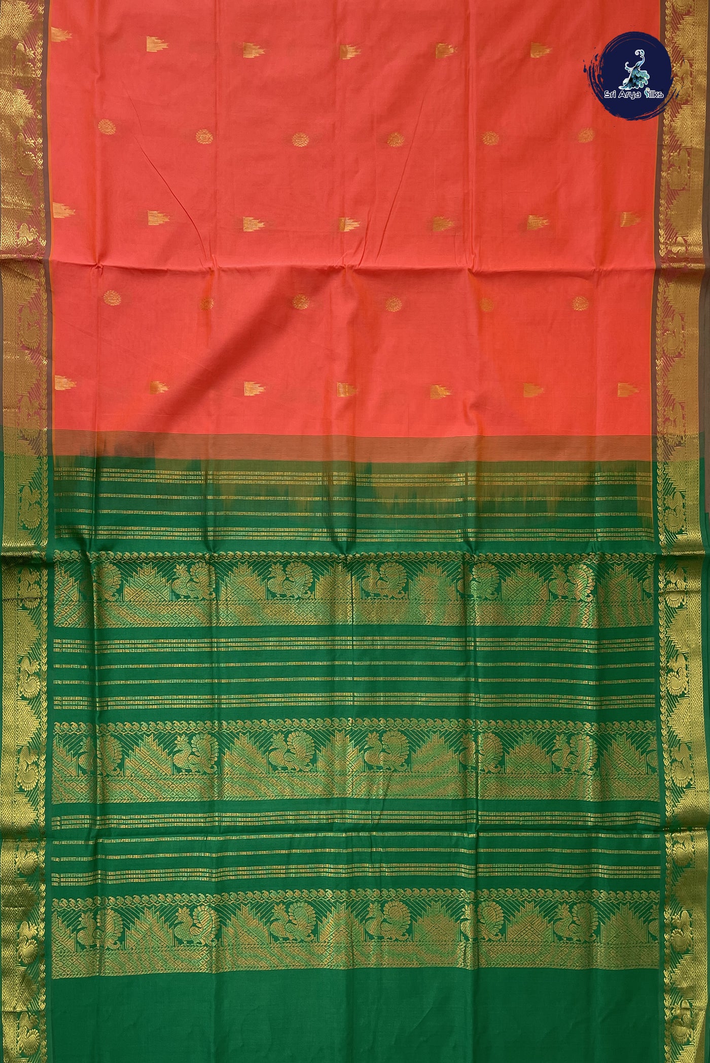 Orange Kanchi Semi Silk Cotton Saree With Zari Buttas Pattern