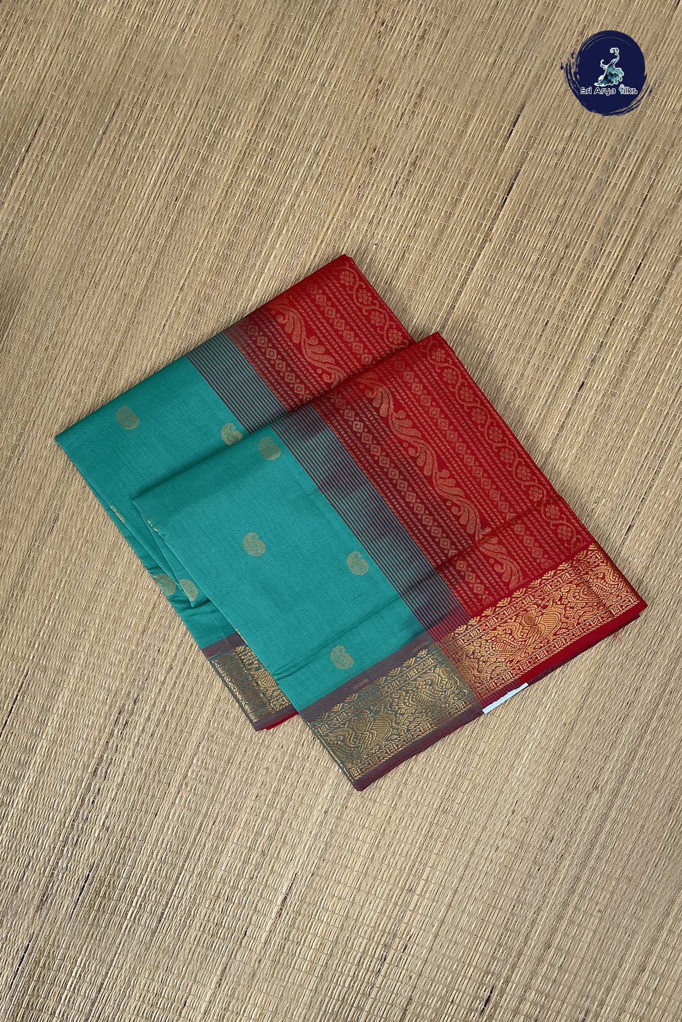 Teal Kanchi Semi Silk Cotton Saree With Zari Buttas Pattern