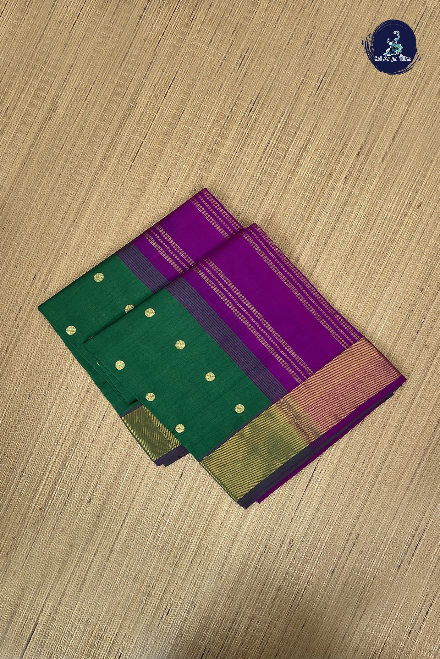 Bottle Green Kanchi Semi Silk Cotton Saree With Zari Buttas Pattern