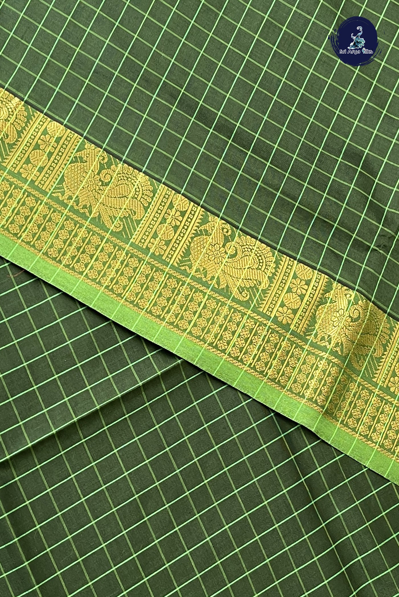 Dark Green Kanchi Semi Silk Cotton Saree With Checked Pattern