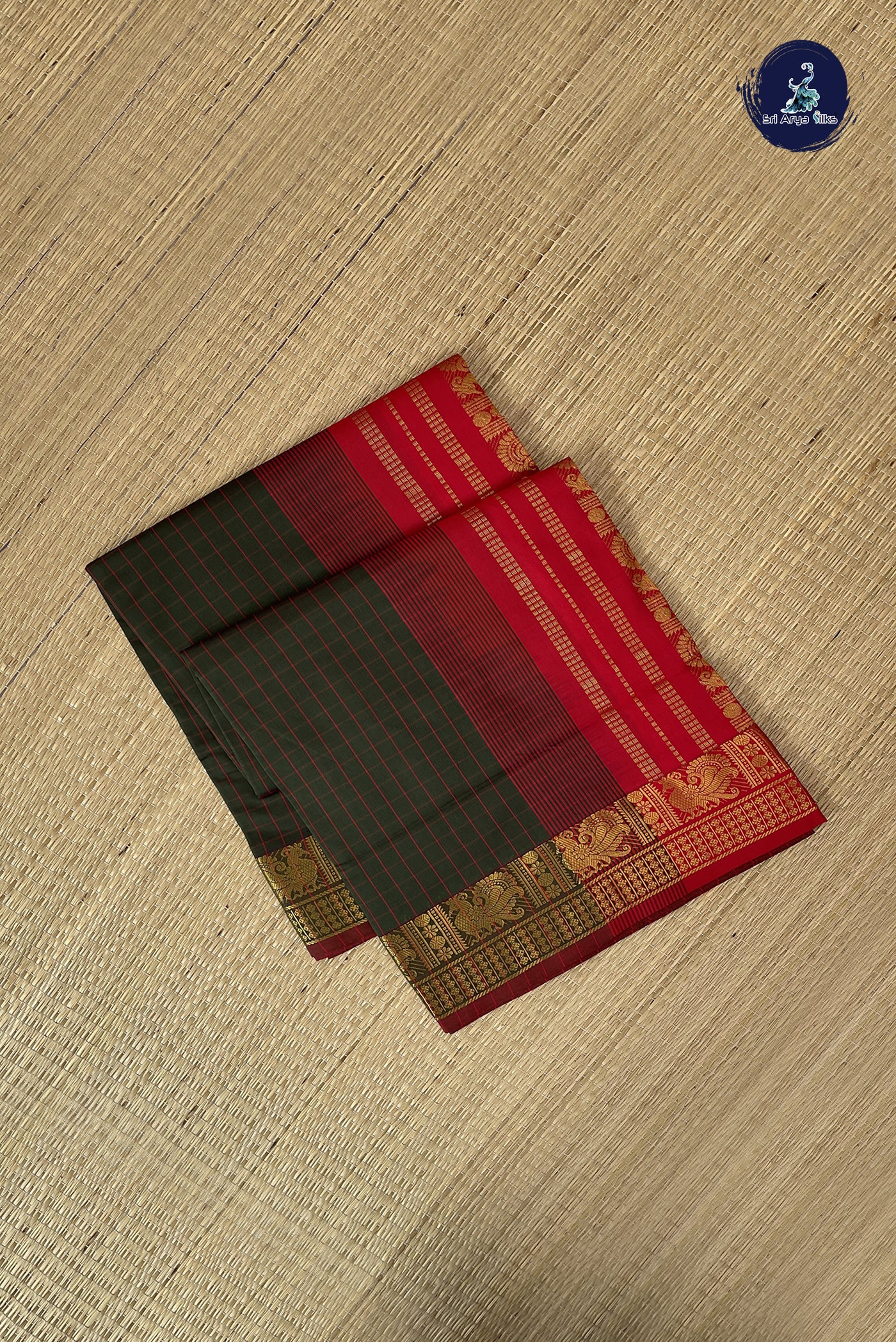 Dark Green Kanchi Semi Silk Cotton Saree With Checked Pattern