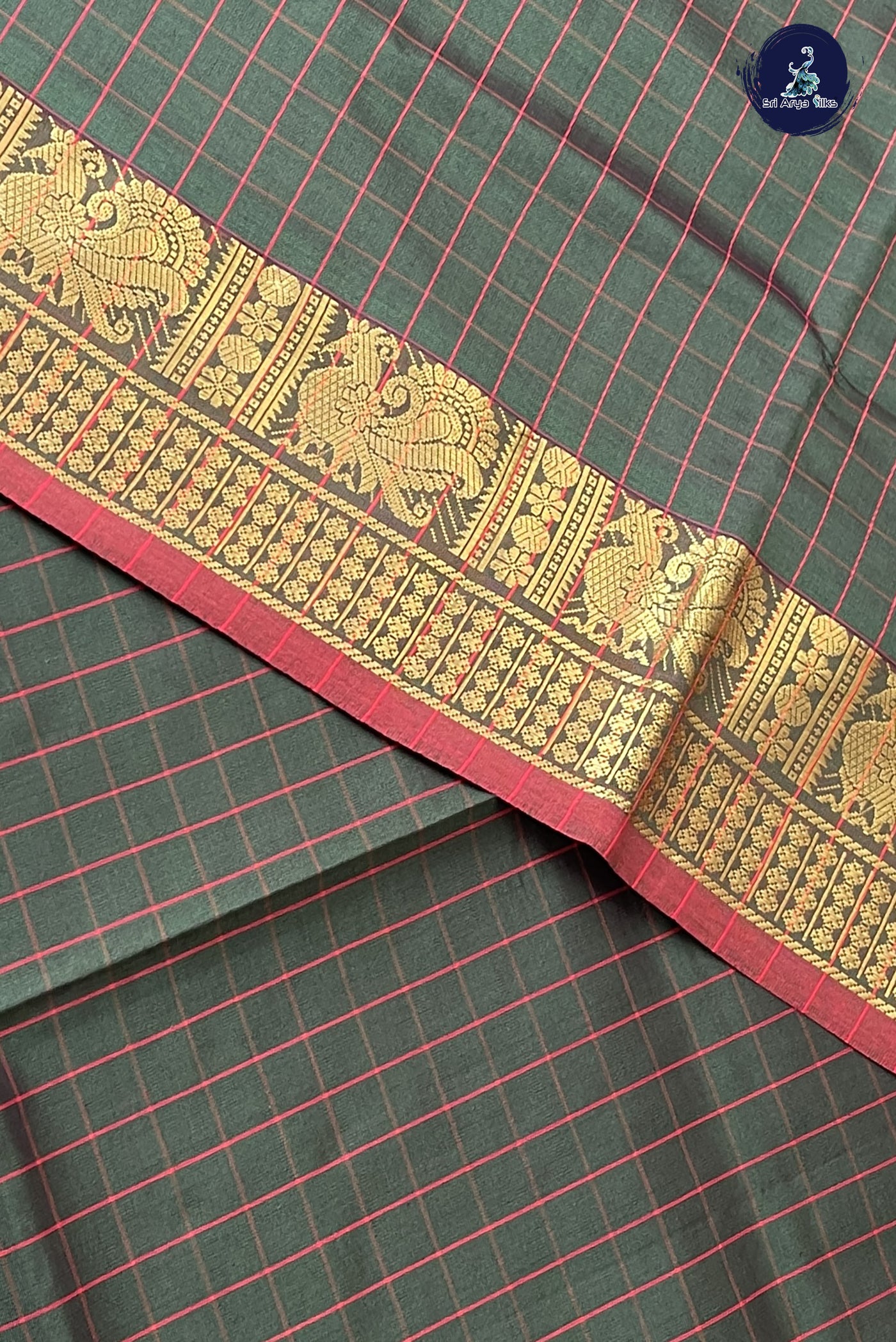 Dark Green Kanchi Semi Silk Cotton Saree With Checked Pattern