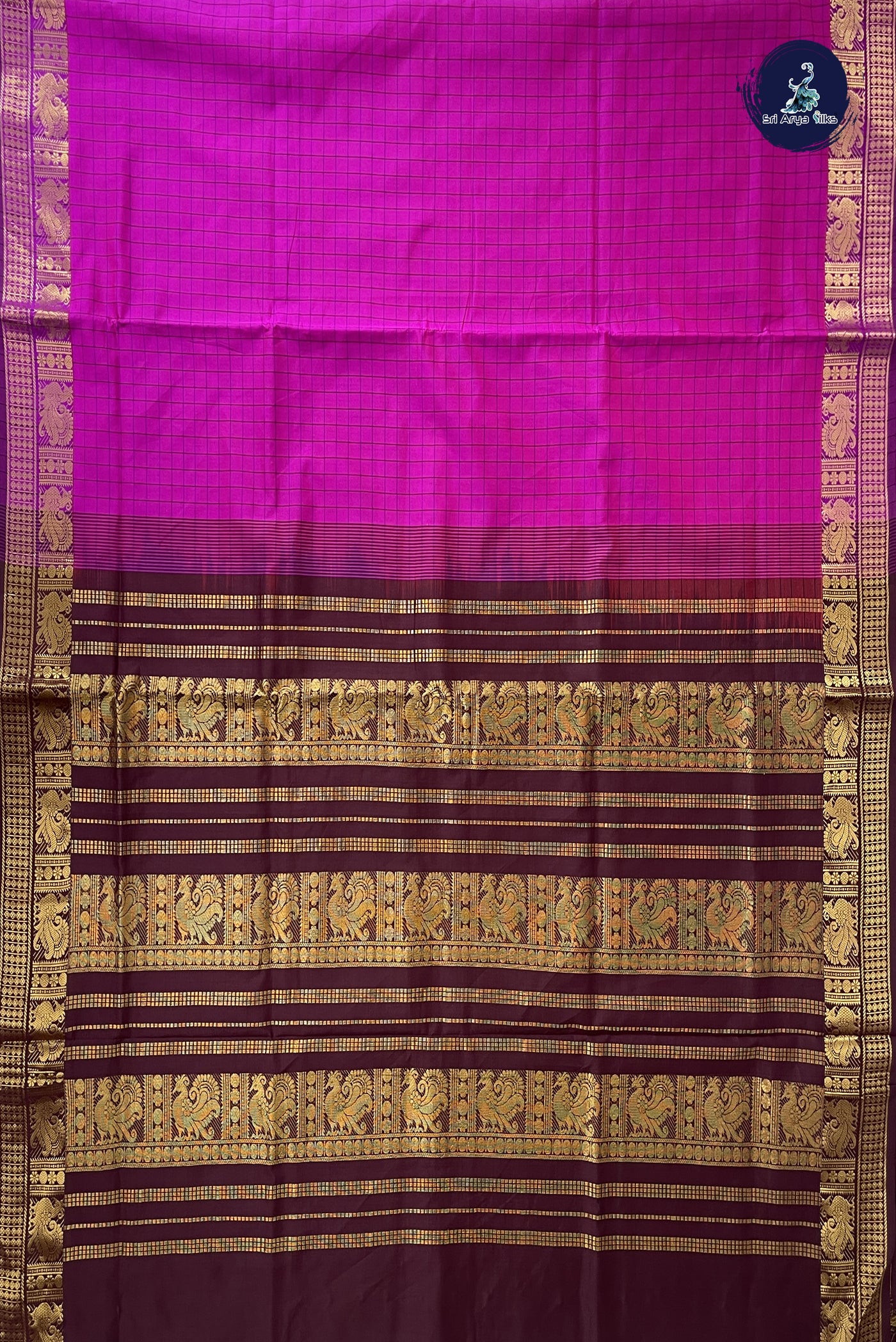 Magenta Kanchi Semi Silk Cotton Saree With Checked Pattern