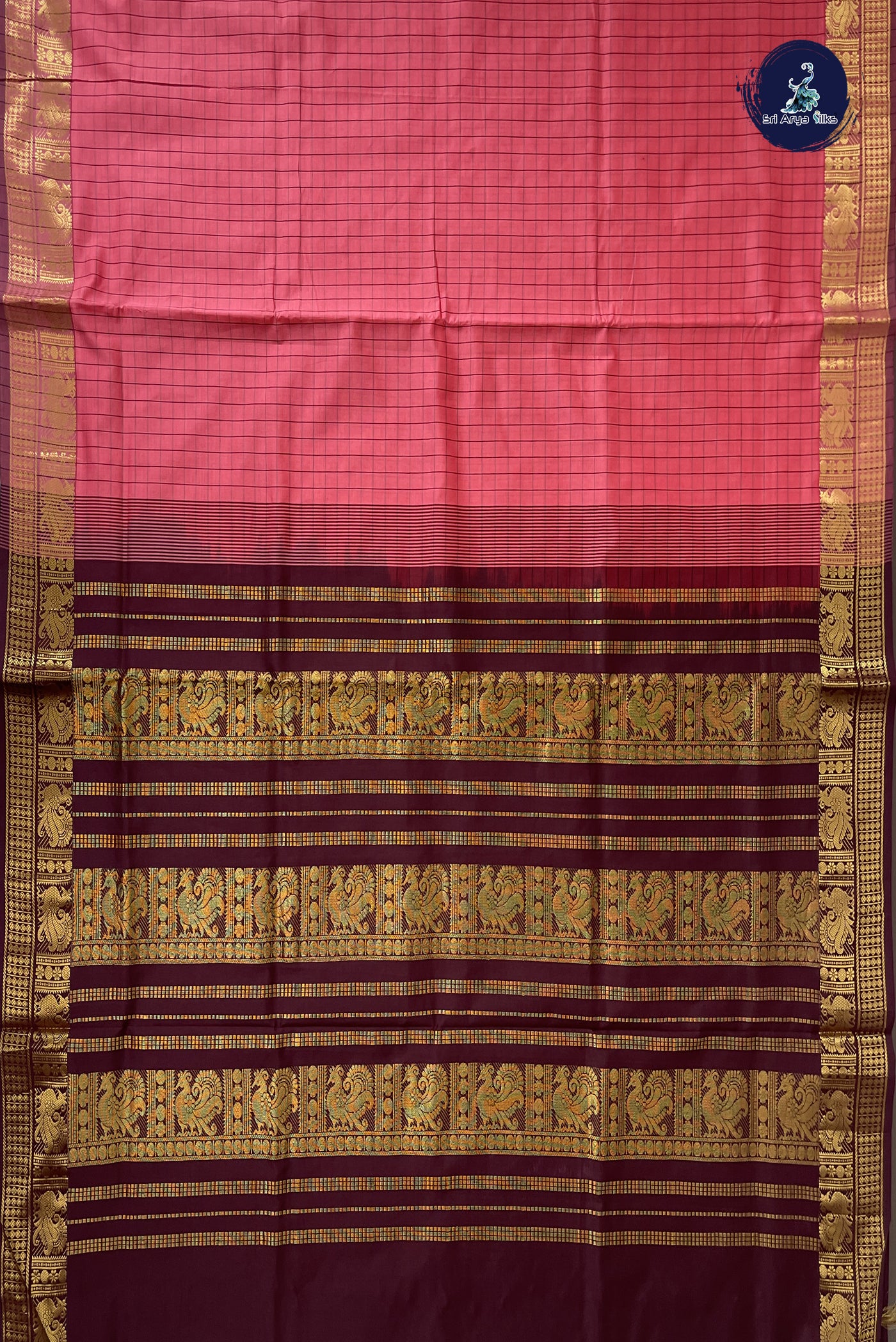 Caramel Pink Kanchi Semi Silk Cotton Saree With Checked Pattern