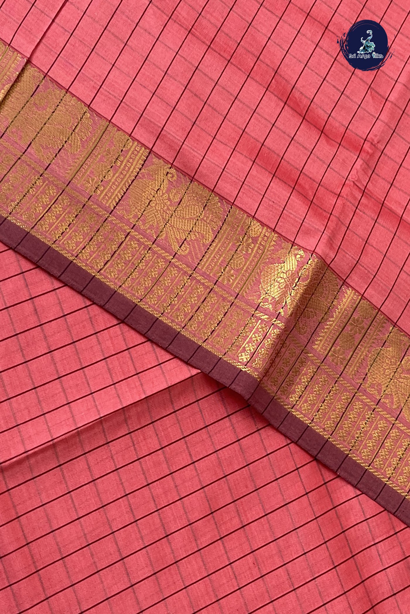 Caramel Pink Kanchi Semi Silk Cotton Saree With Checked Pattern