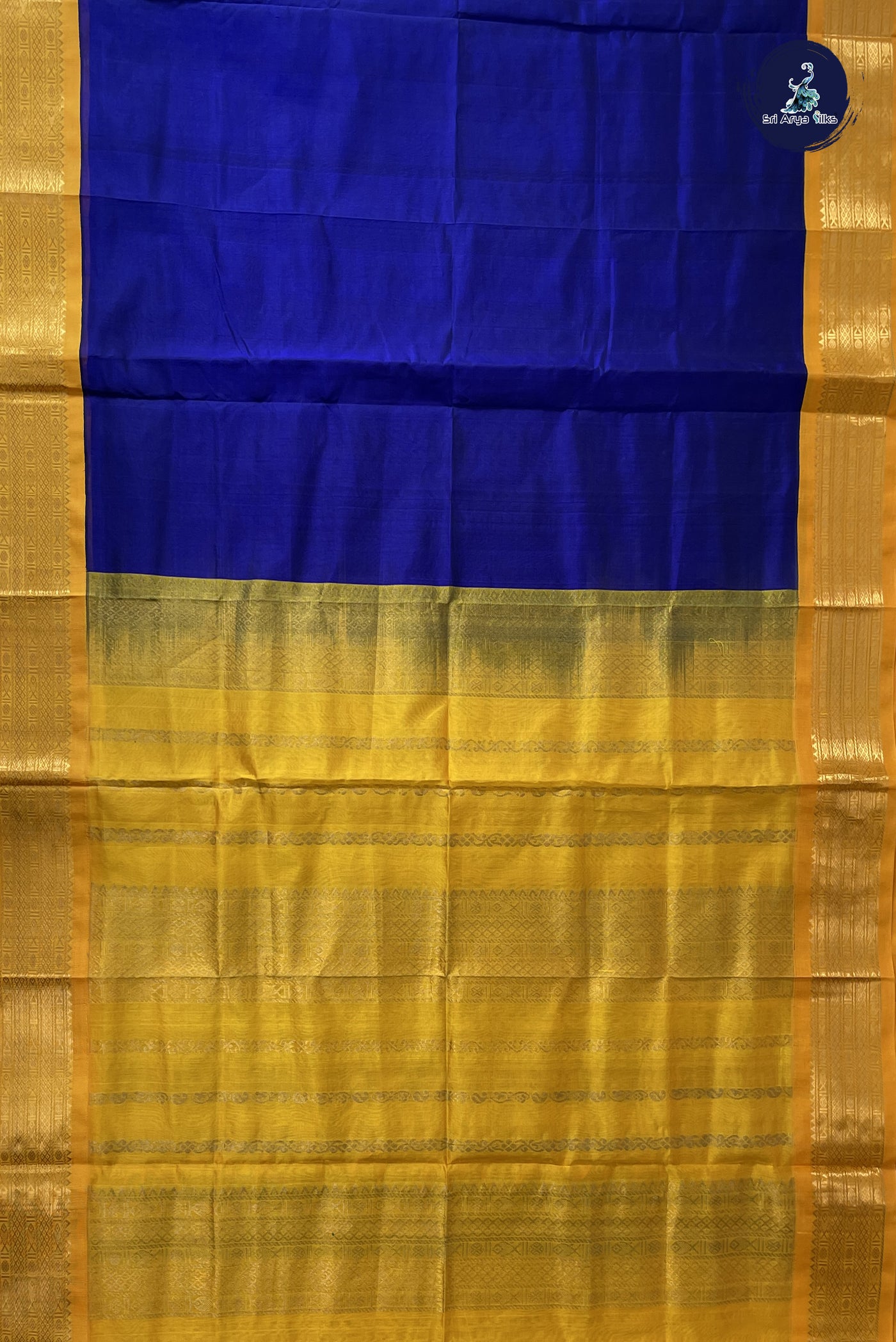 Ink Blue Korvai Silk Cotton Saree With Plain Pattern
