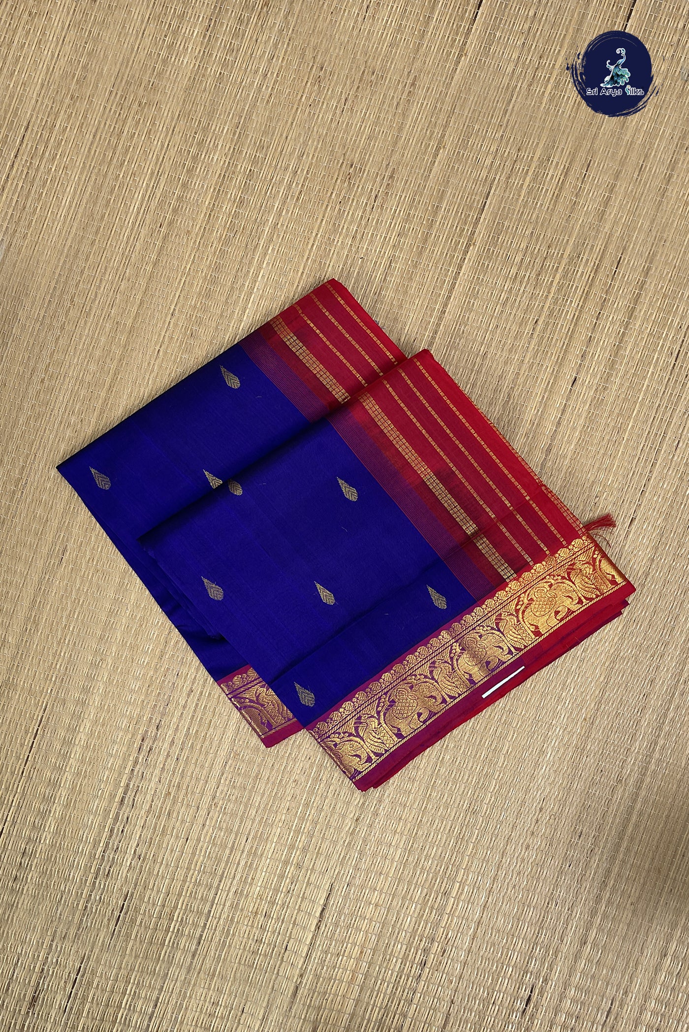 Ink Blue Simple Silk Cotton Saree With Zari Buttas Pattern