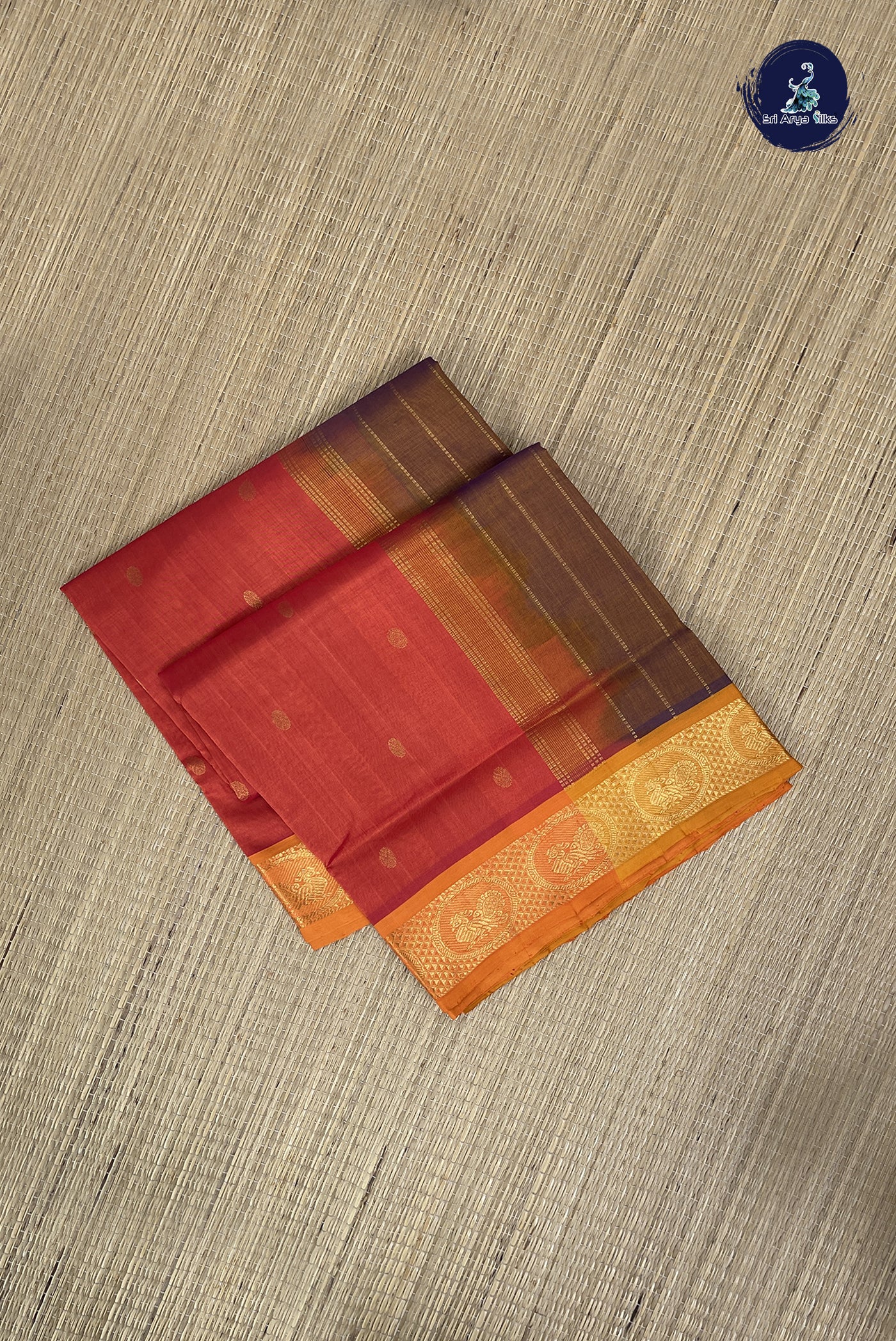 Orange Simple Silk Cotton Saree With Zari Buttas Pattern