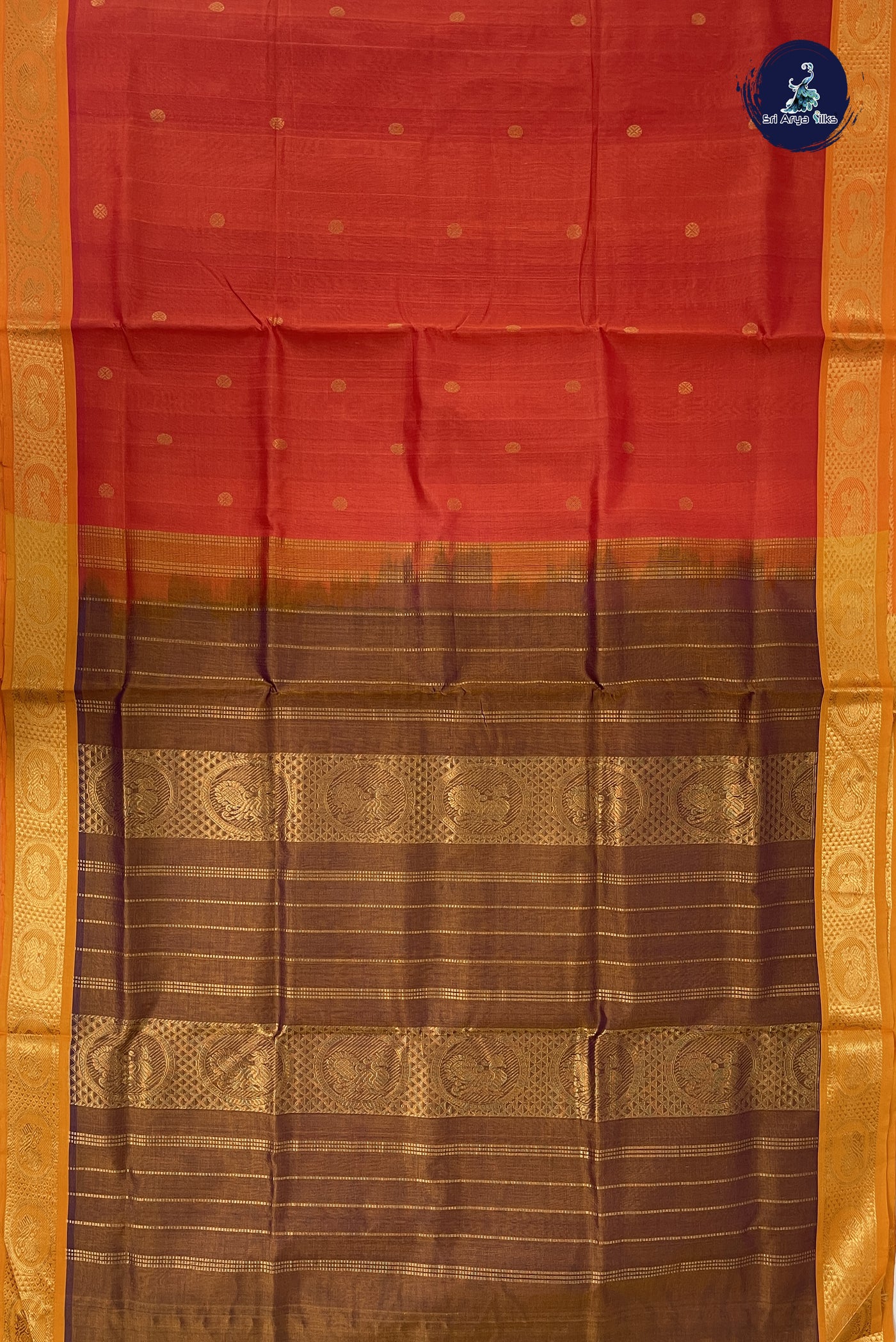 Orange Simple Silk Cotton Saree With Zari Buttas Pattern
