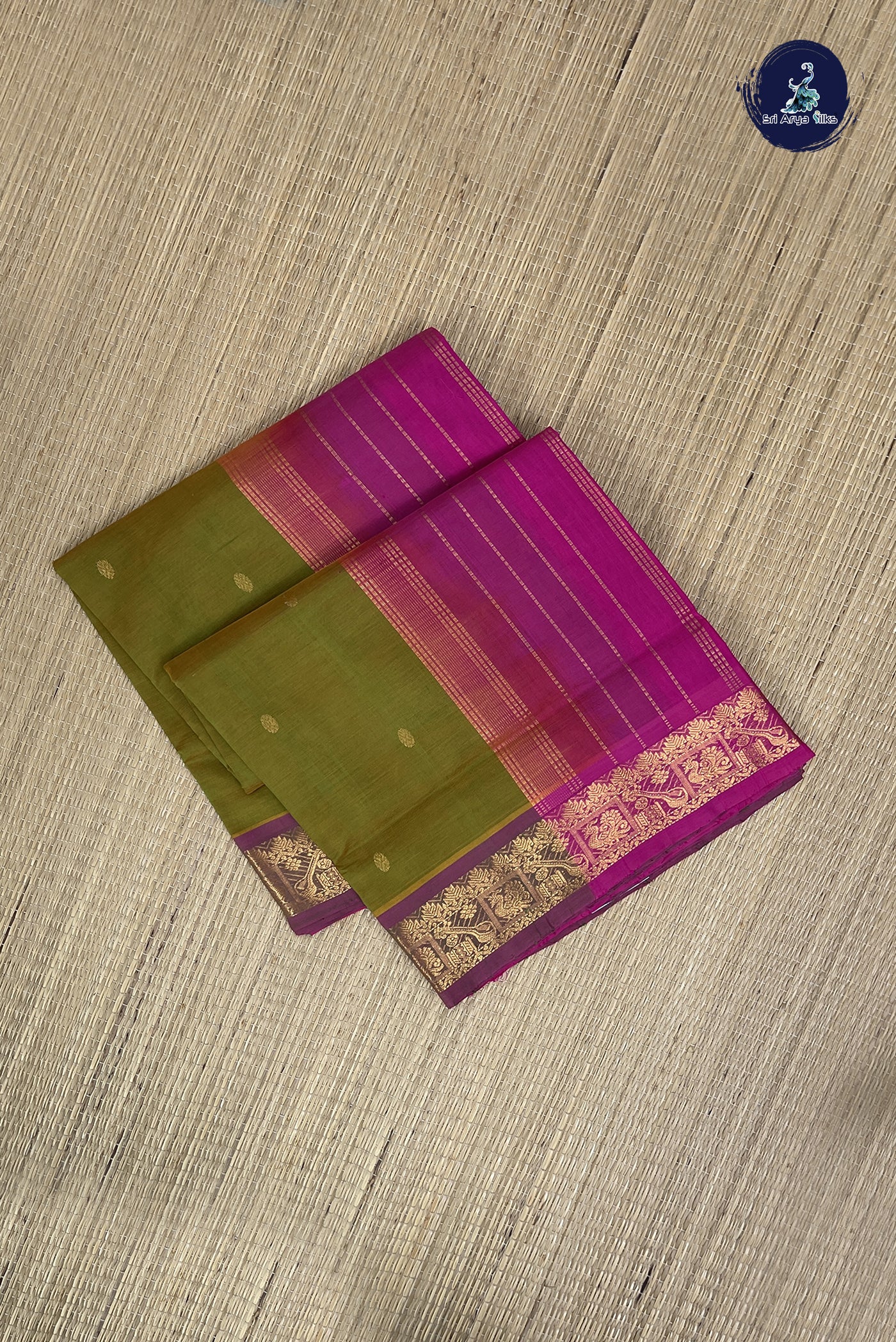 Dual Tone Mehendi Green Simple Silk Cotton Saree With Zari Buttas Pattern