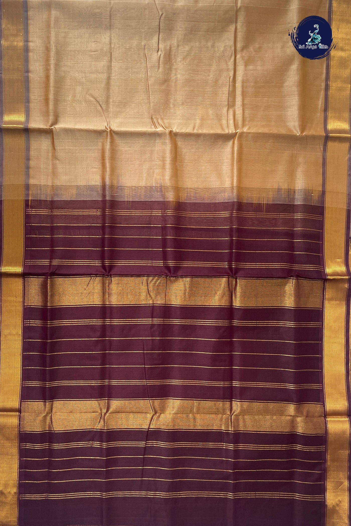 Beige Simple Silk Cotton Saree With Plain Pattern