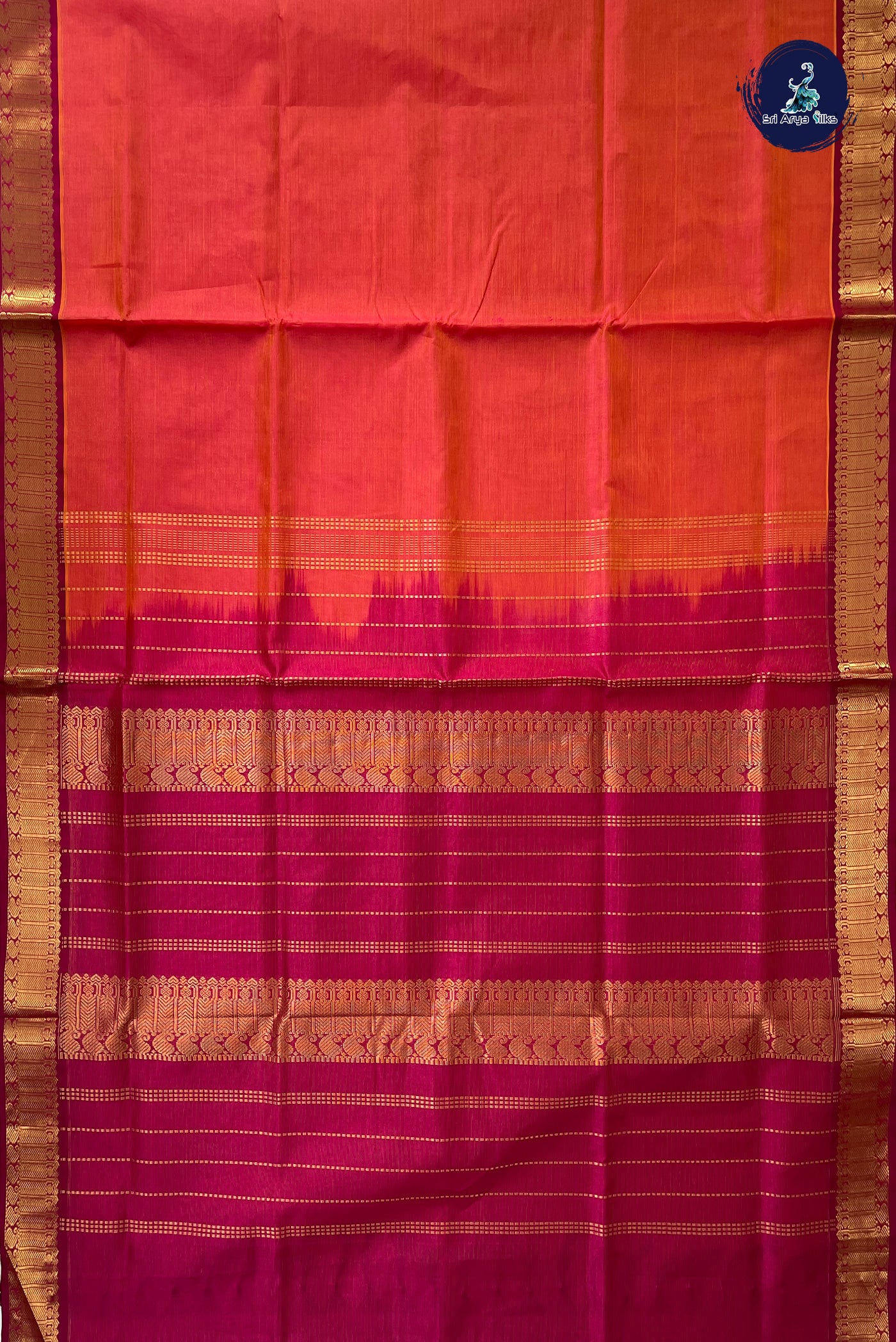 Orangish Pink Vaira Oosi Silk Cotton Saree With Vaira Oosi Pattern