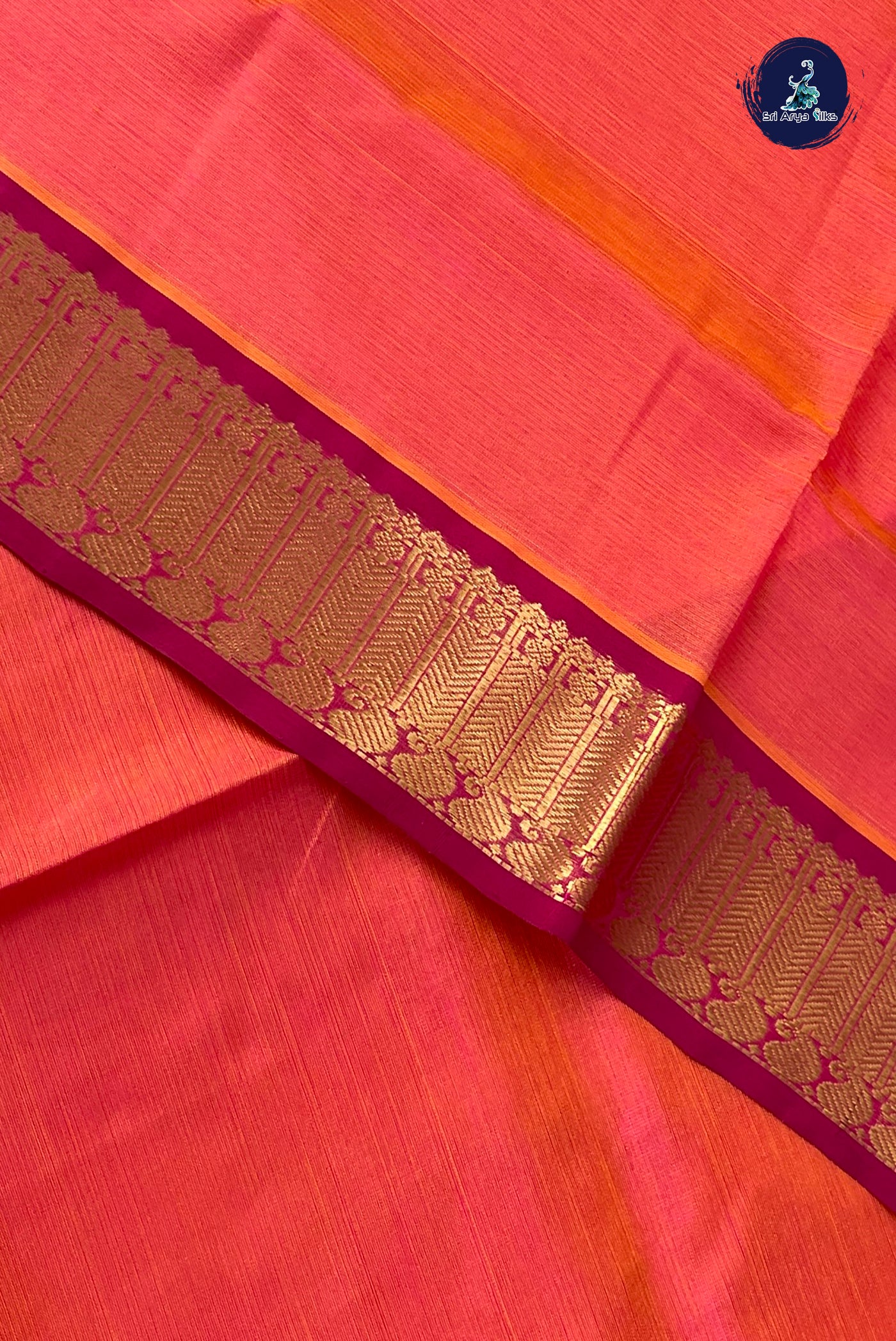 Orangish Pink Vaira Oosi Silk Cotton Saree With Vaira Oosi Pattern