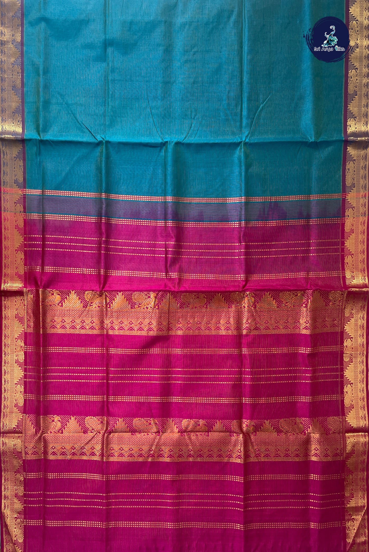 Peacock Blue Vaira Oosi Silk Cotton Saree With Vaira Oosi Pattern