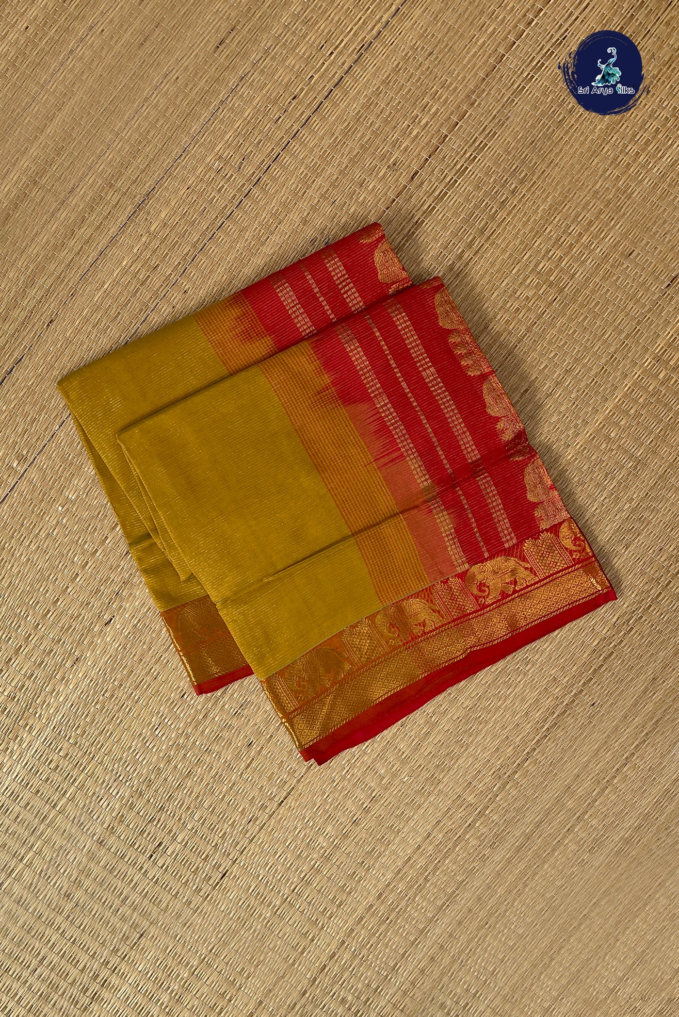 Mustard Vaira Oosi Silk Cotton Saree With Vaira Oosi Pattern