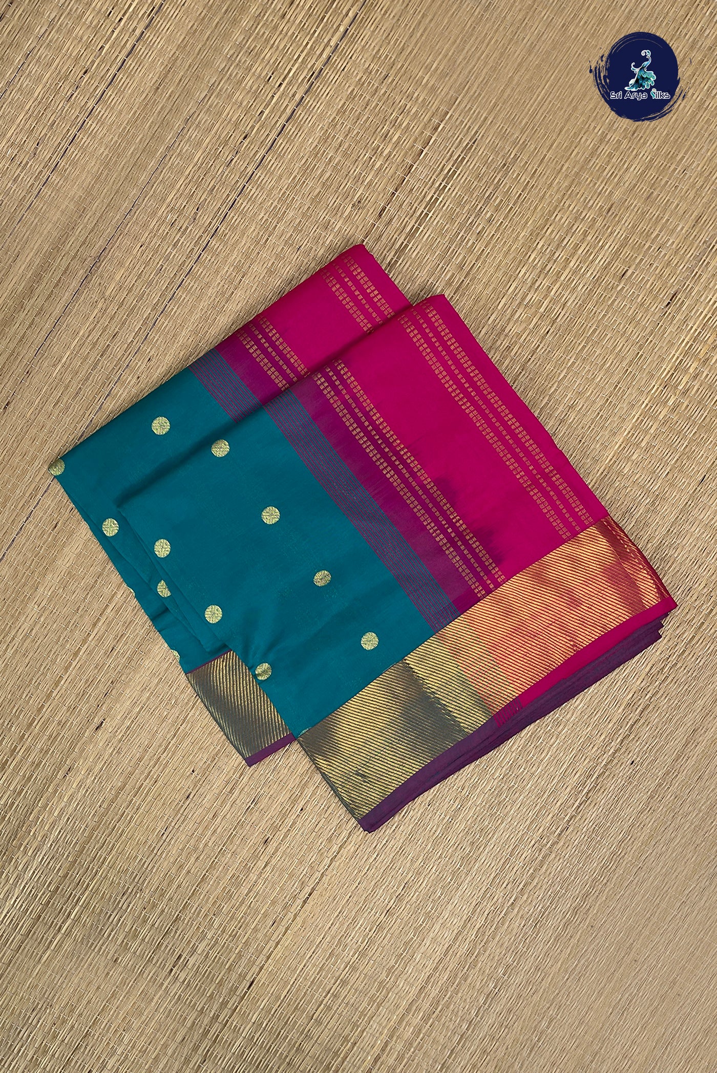 Teal Half Pure Silk Cotton Saree With Zari Buttas Pattern