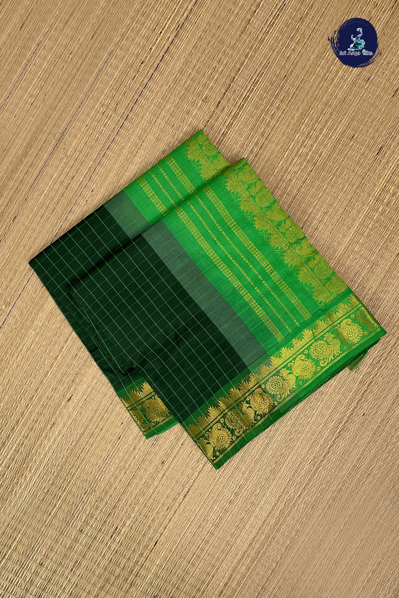 Dark Green Half Pure Silk Cotton Saree With Checked Pattern