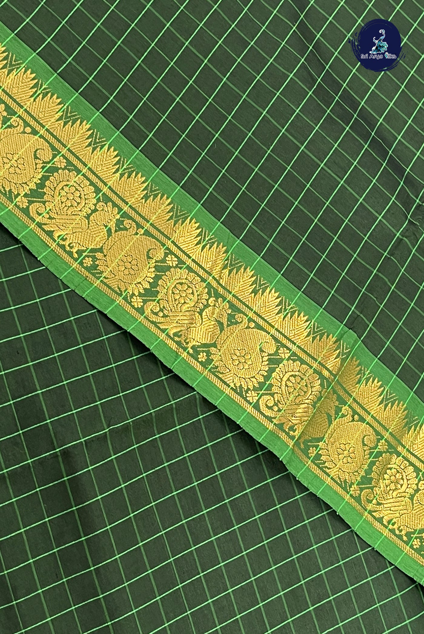 Dark Green Half Pure Silk Cotton Saree With Checked Pattern