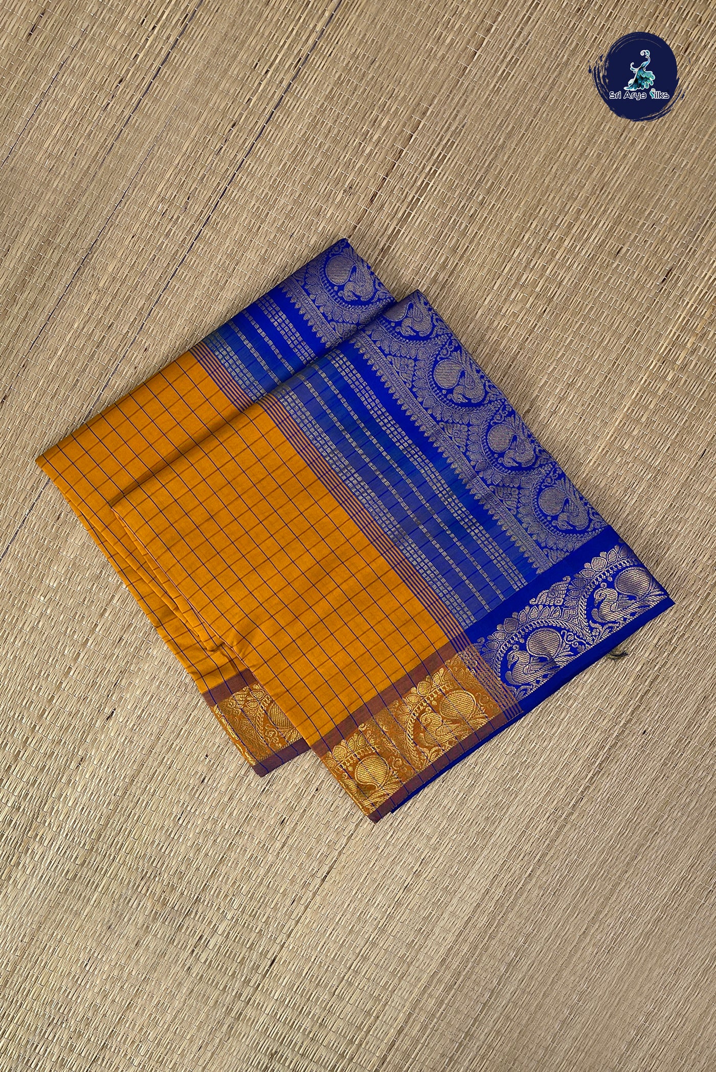 Yellowish Orange Half Pure Silk Cotton Saree With Checked Pattern