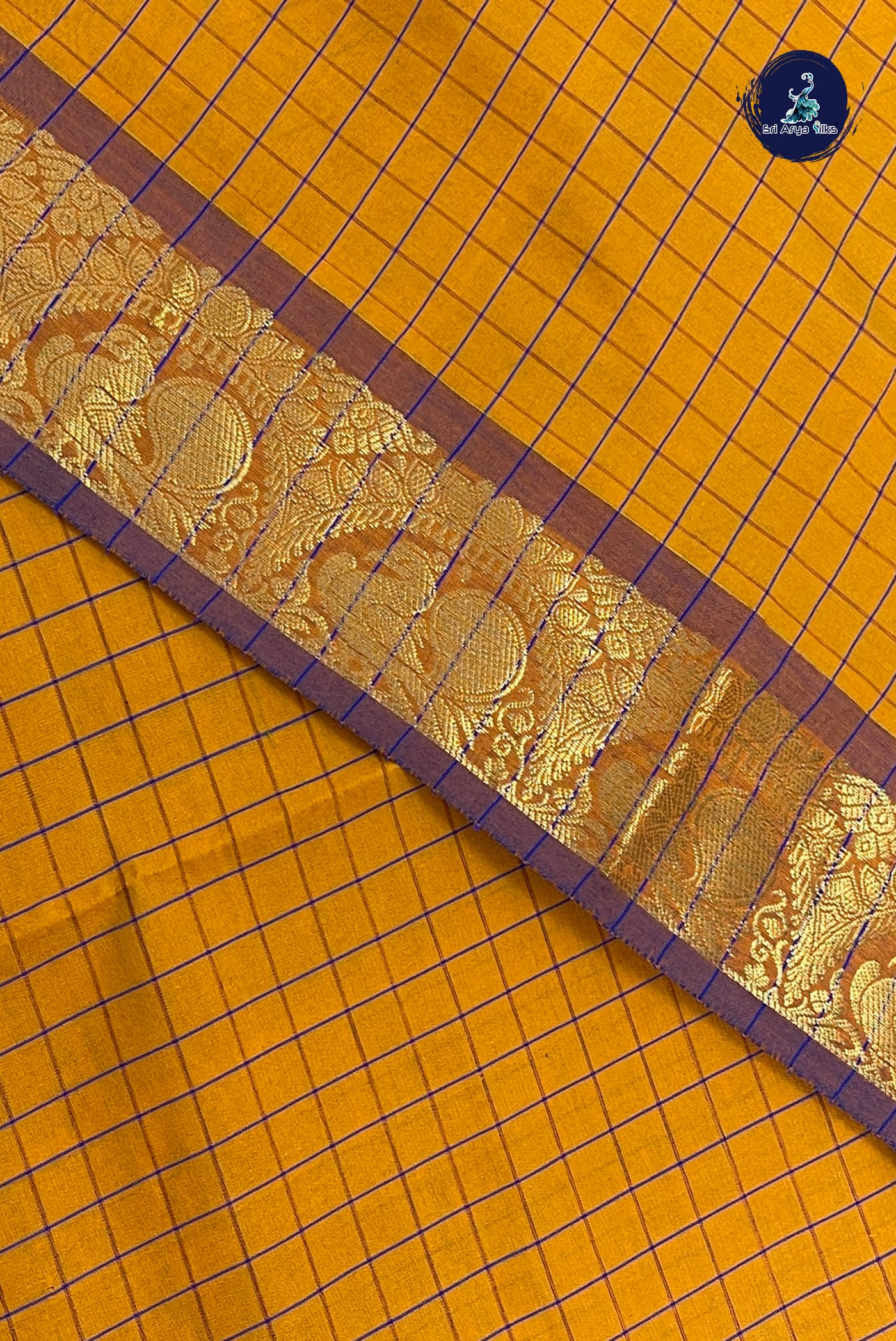 Yellowish Orange Half Pure Silk Cotton Saree With Checked Pattern