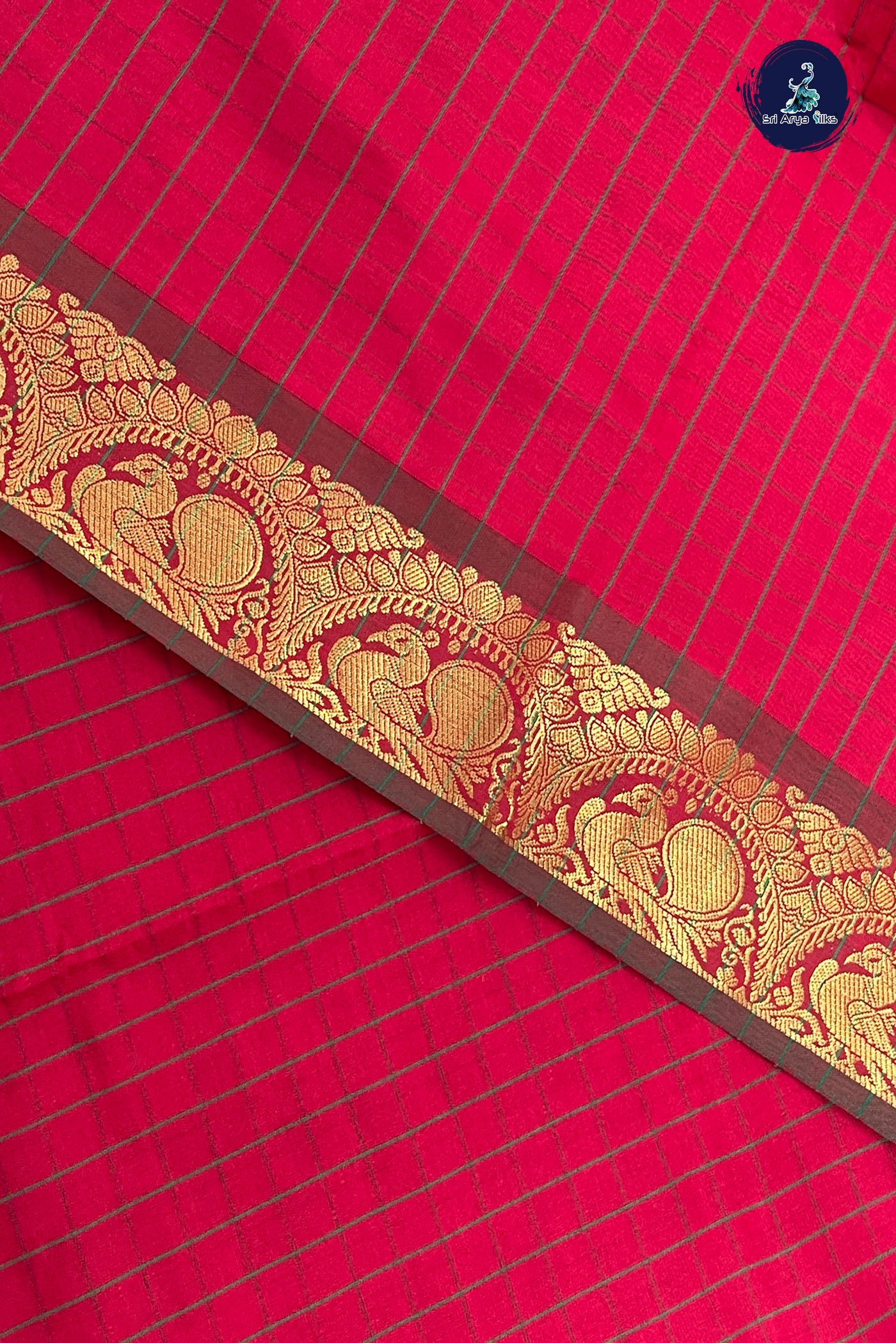 Red Half Pure Silk Cotton Saree With Checked Pattern