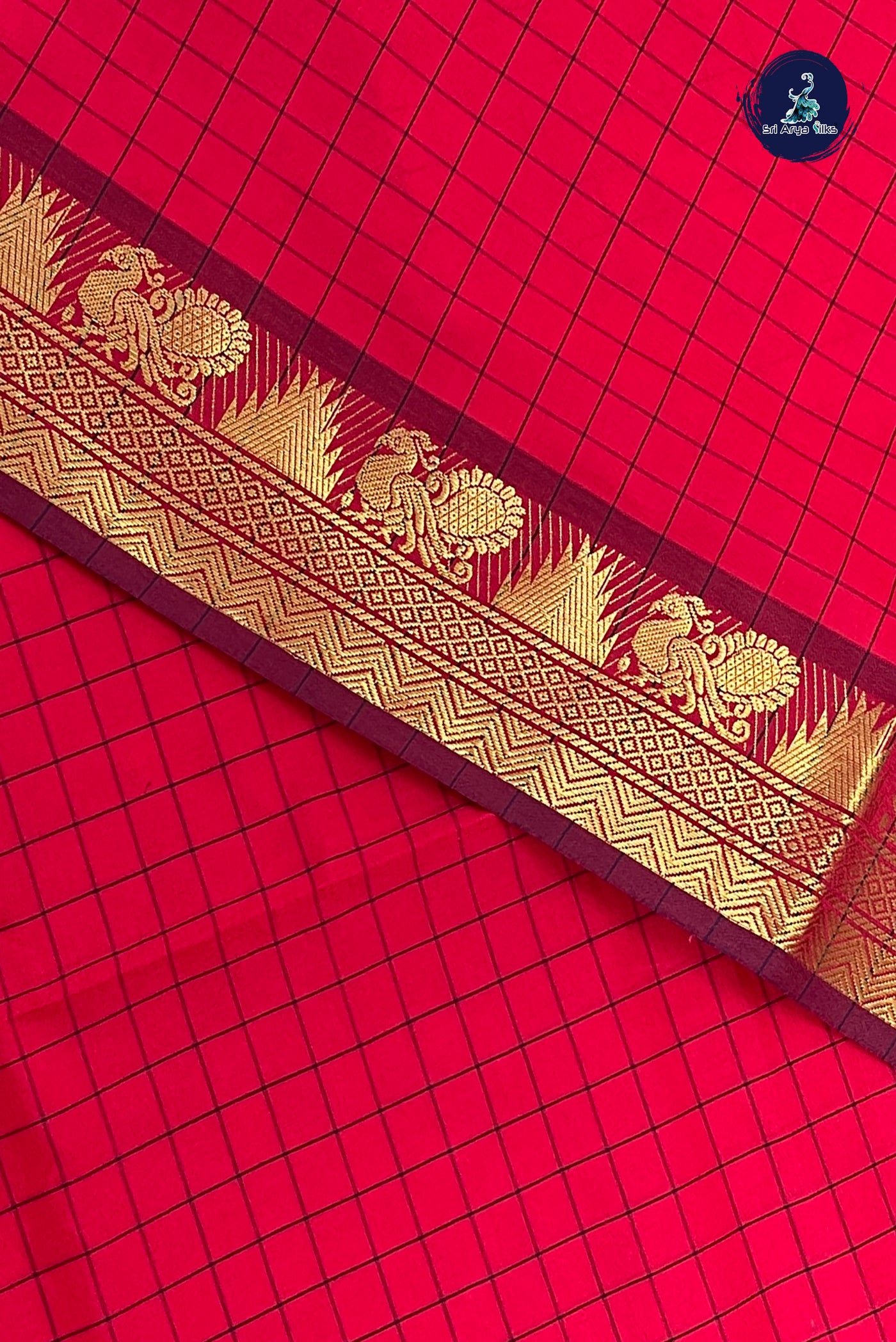 Red Half Pure Silk Cotton Saree With Checked Pattern