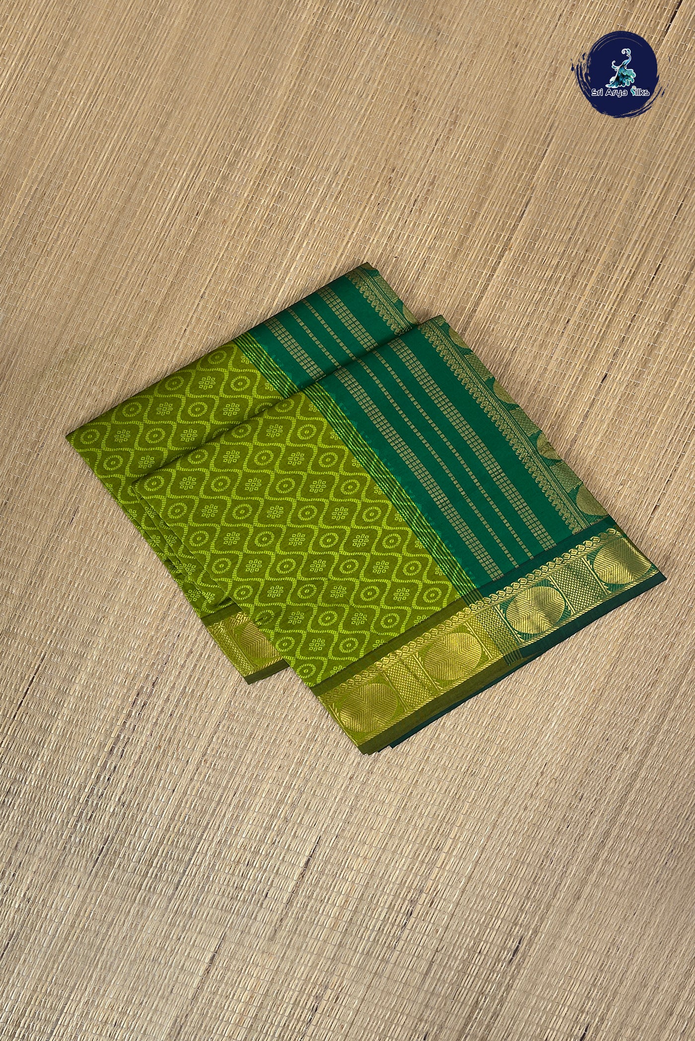 Lime Green Half Pure Silk Cotton Saree With Embossed Pattern