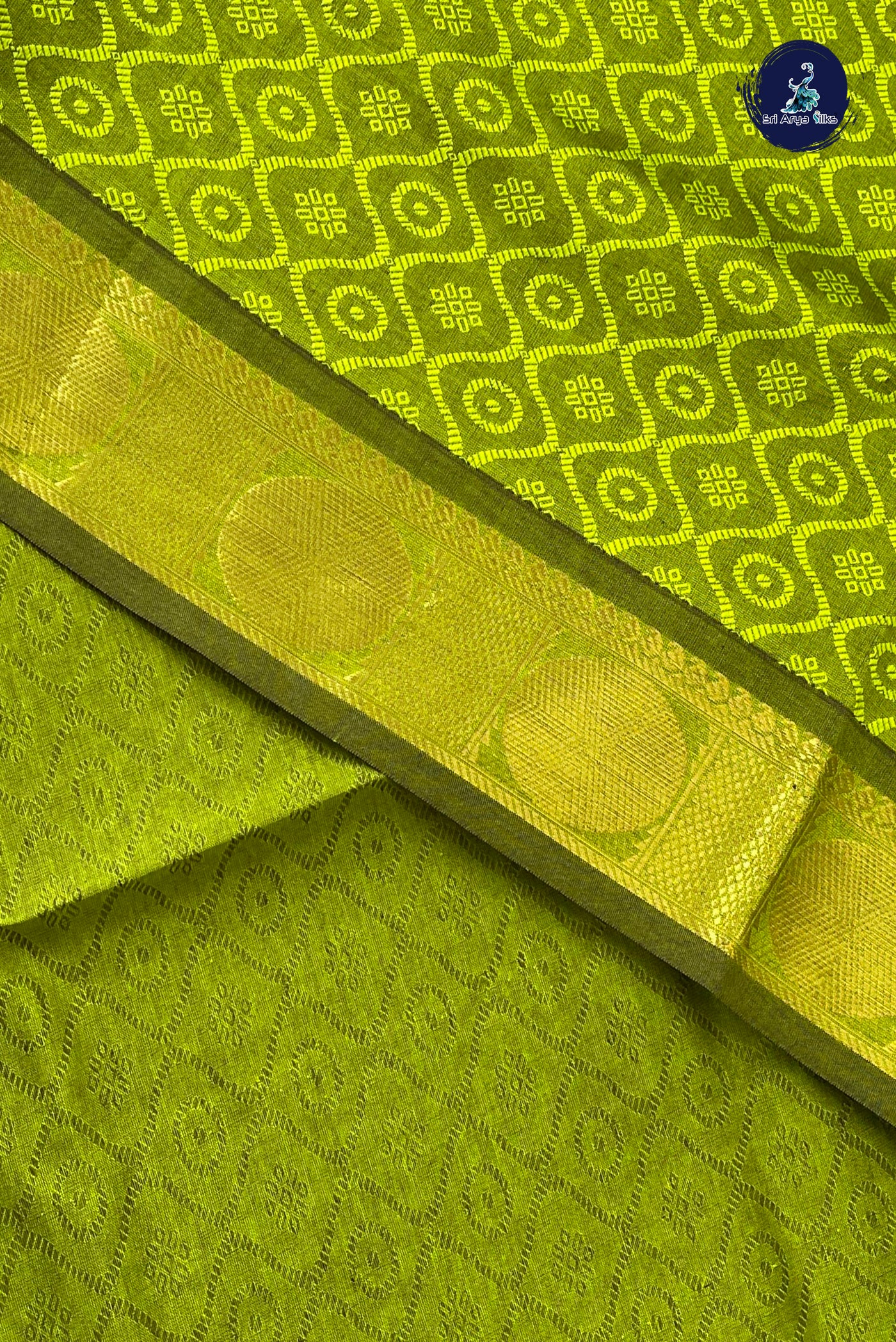 Lime Green Half Pure Silk Cotton Saree With Embossed Pattern