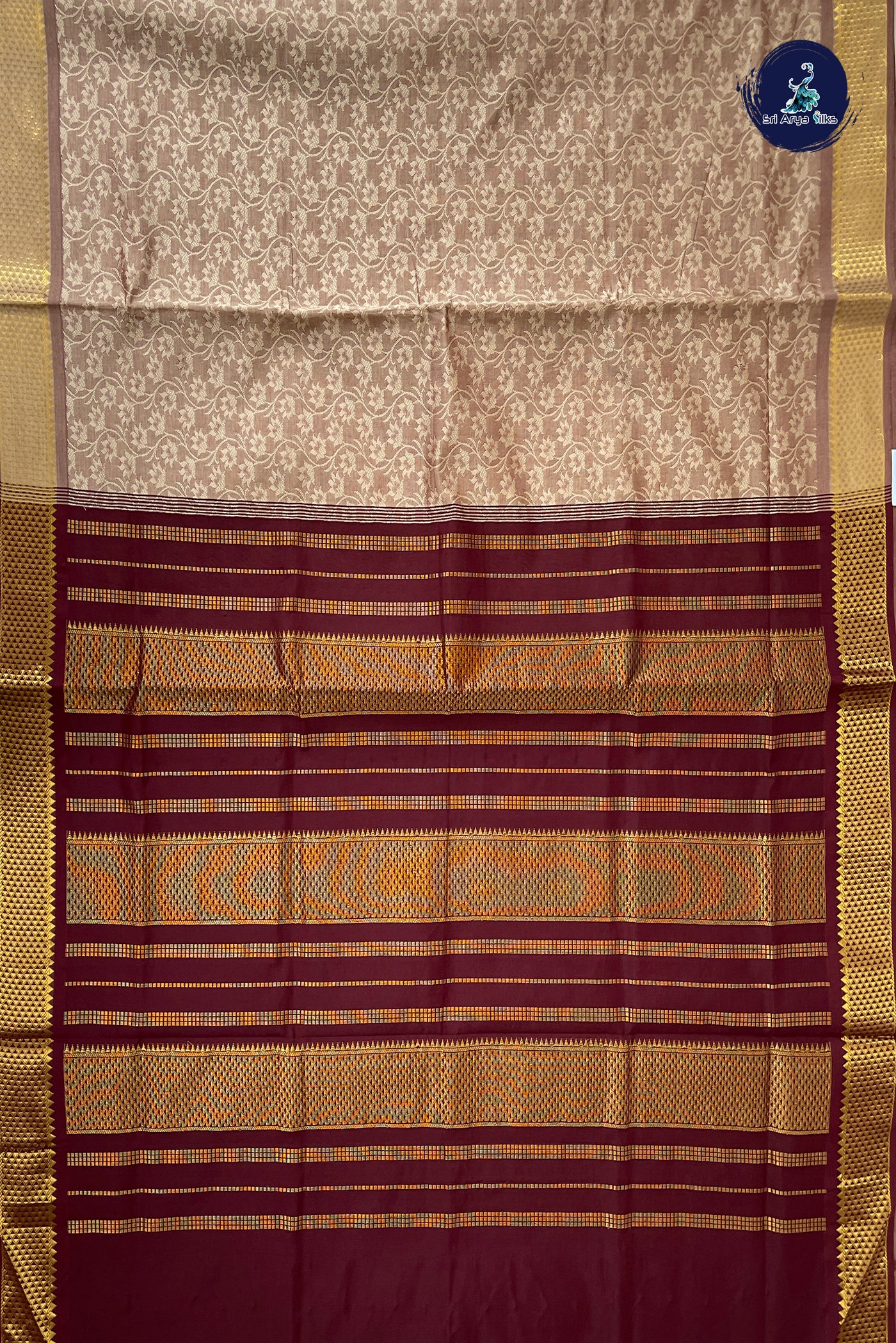 Light Brown Half Pure Silk Cotton Saree With Embossed Pattern