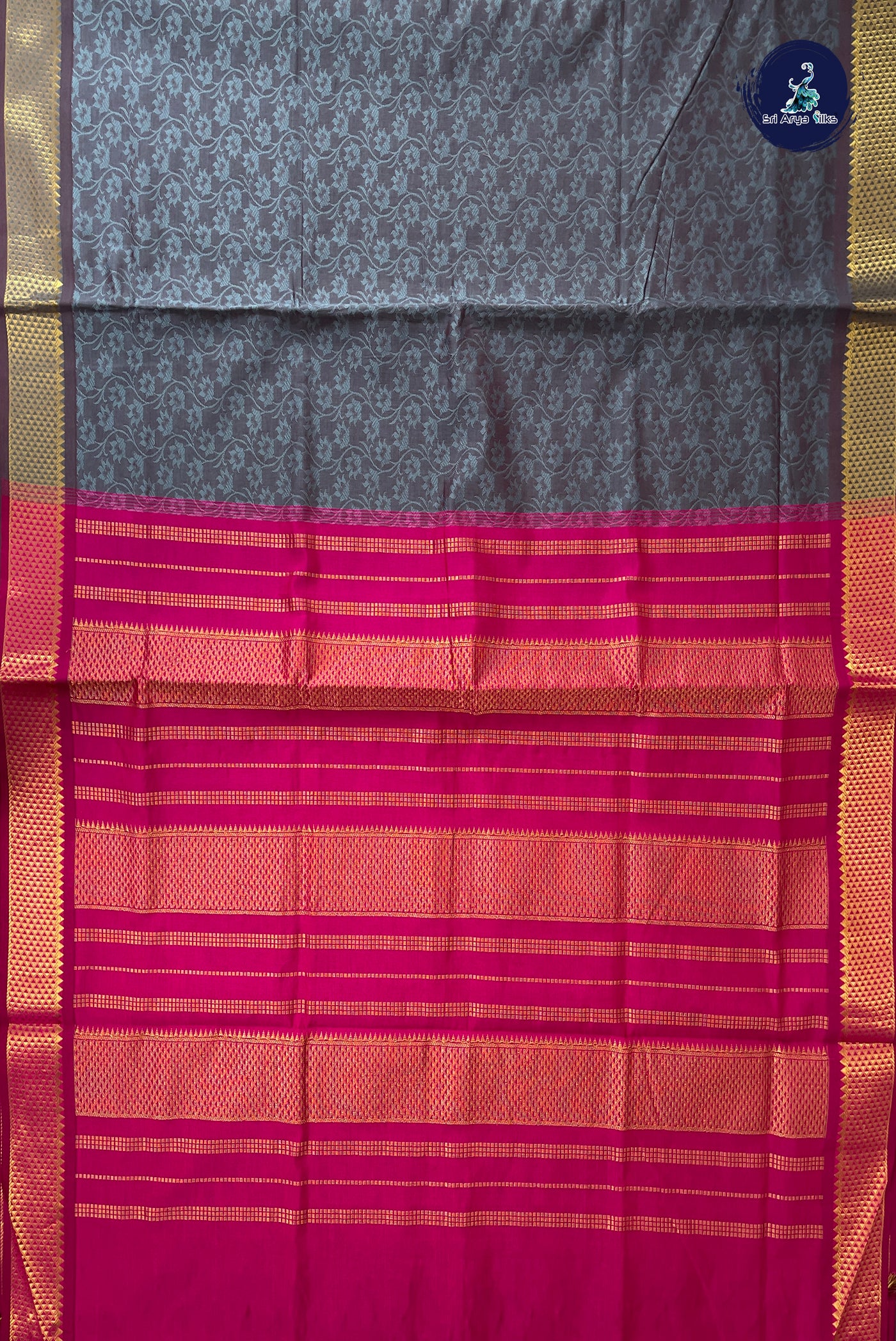 Dual Tone Grey Half Pure Silk Cotton Saree With Embossed Pattern