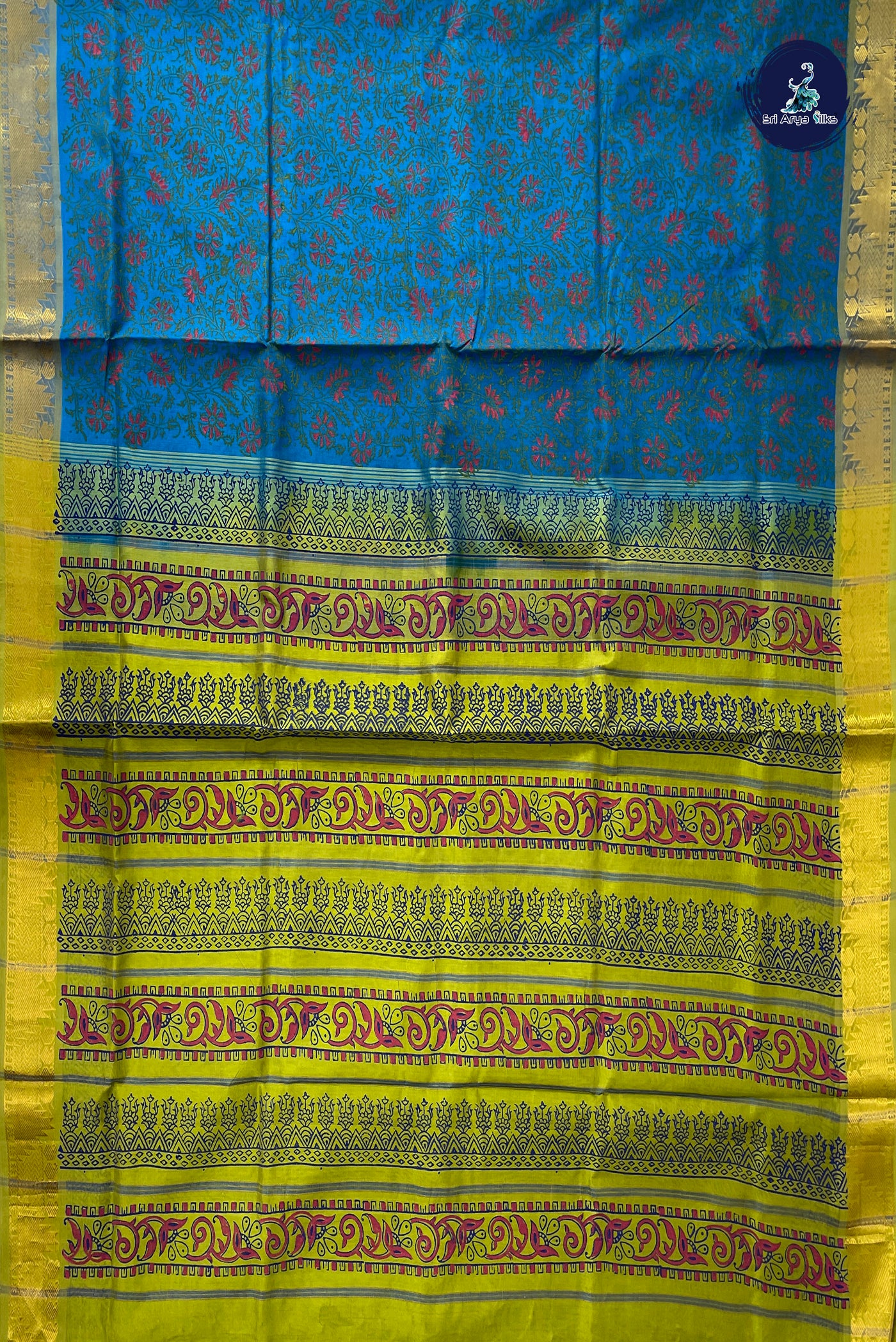 Copper Sulphate Blue Simple Silk Cotton Saree With Printed Pattern