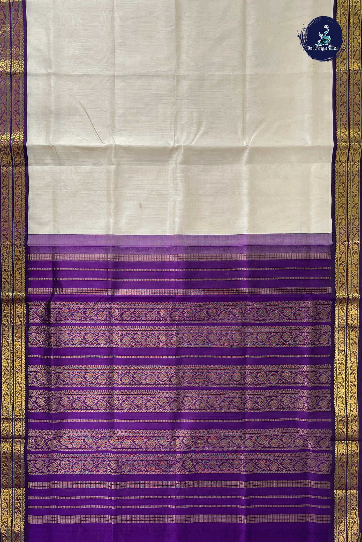 Off White Korvai Silk Cotton Saree With Plain Pattern
